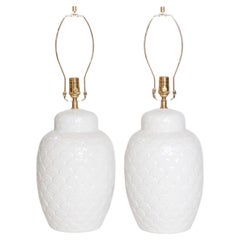 Retro White Ceramic Ginger Jar Lamps, a Pair