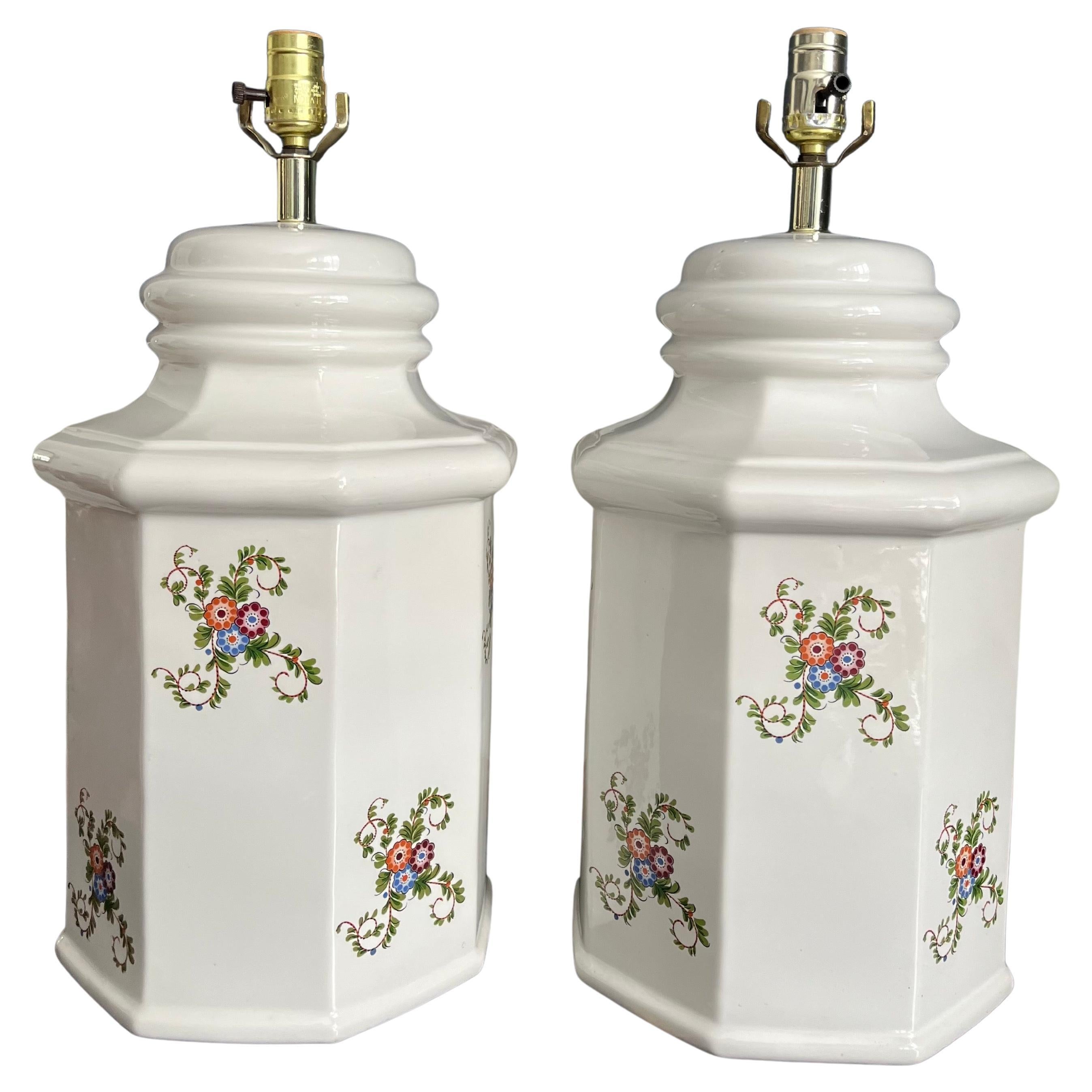 Pair of Monumental Delft Style Porcelain Tea Caddy Lamps For Sale