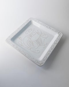 Vintage White Ceramic Plate with Etched Rooster Motif, Jaques Innocenti, 1960s