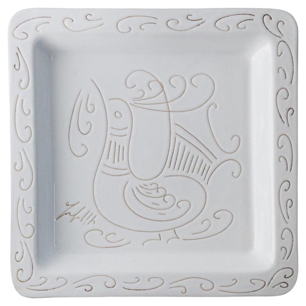 Vintage White Ceramic Plate with Etched Rooster Motif, Jaques Innocenti, 1960s For Sale