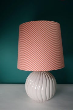 Tommaso Barbi Style White Ceramic, Brass Round Table Lamp, 1970s