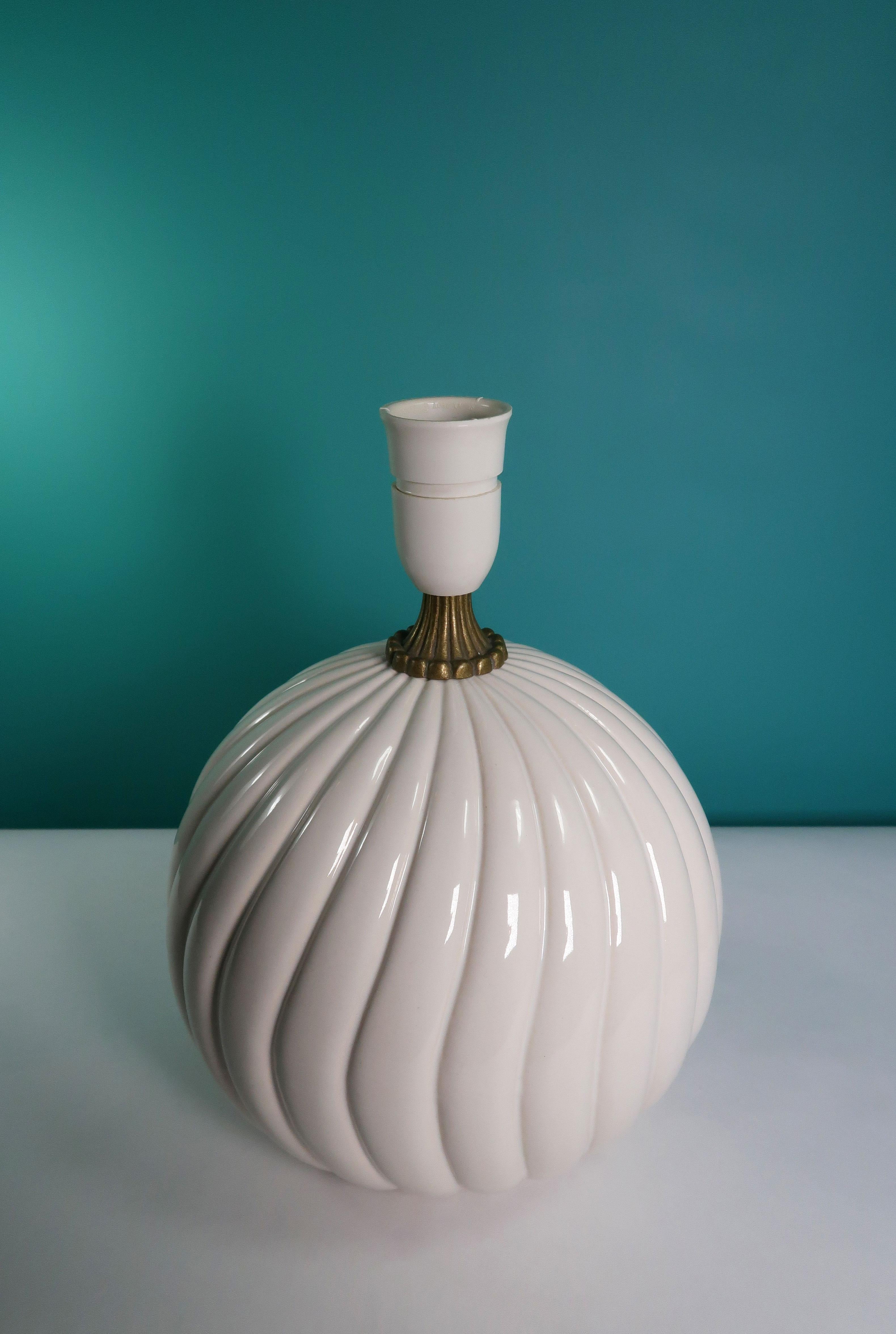Italian Tommaso Barbi Style White Ceramic, Brass Round Table Lamp, 1970s For Sale