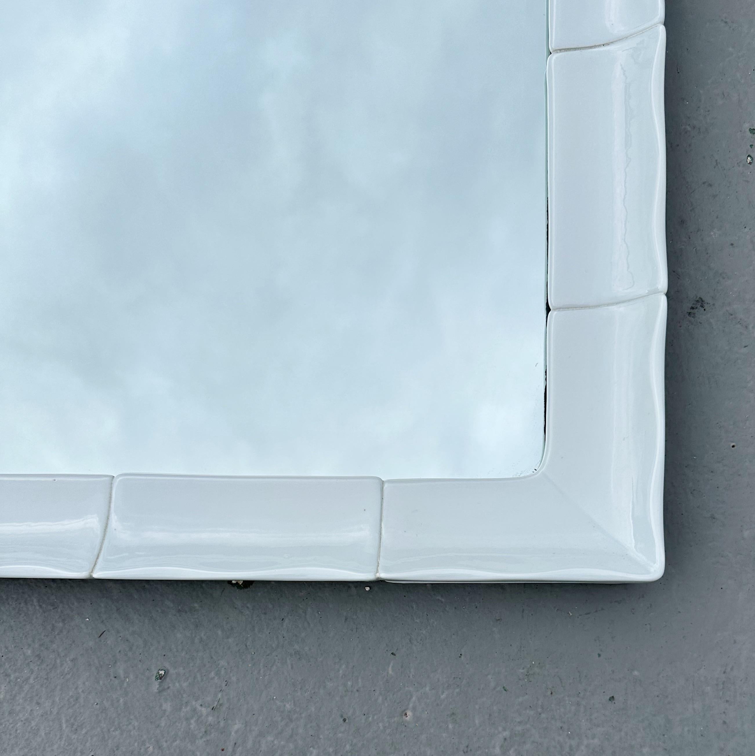1960s White glazed ceramic rectangular wall mirror. Unsigned.
