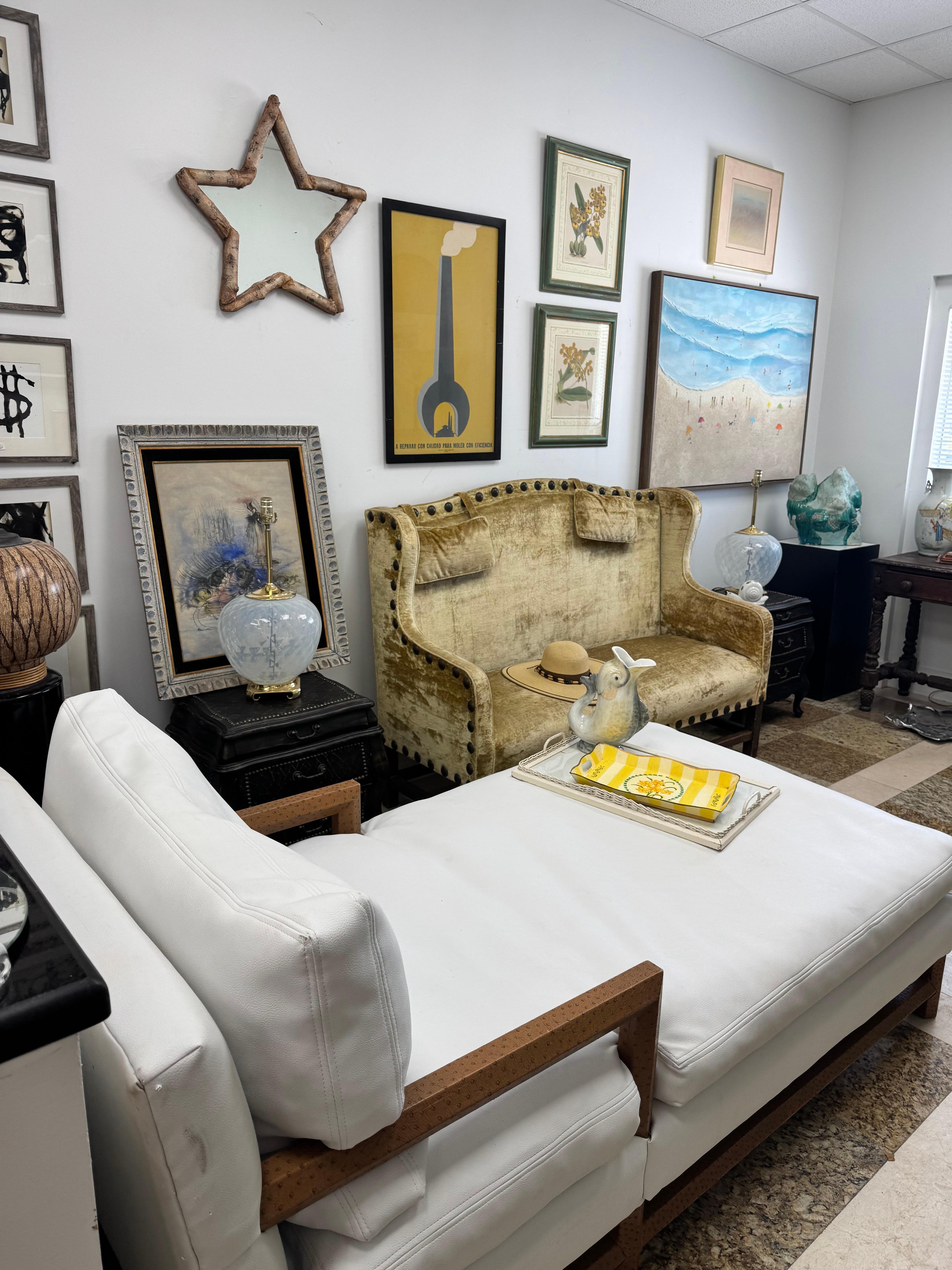 European Vintage White Chaise Lounge with Faux Ostrich Leather Accents For Sale