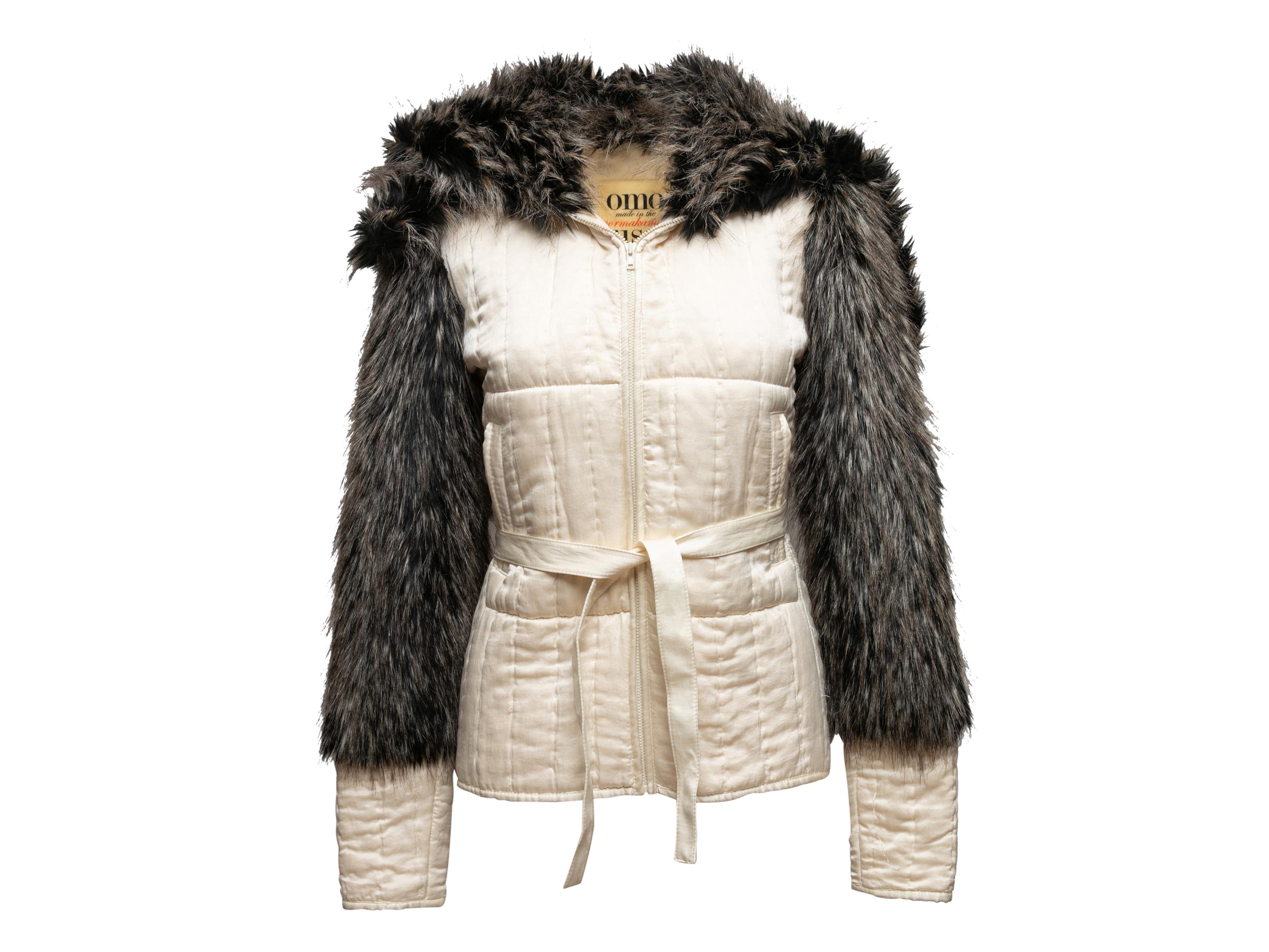 Vintage White & Charcoal Omo Norma Kamali Silk & Faux Fur Jacket Size US XS For Sale 2