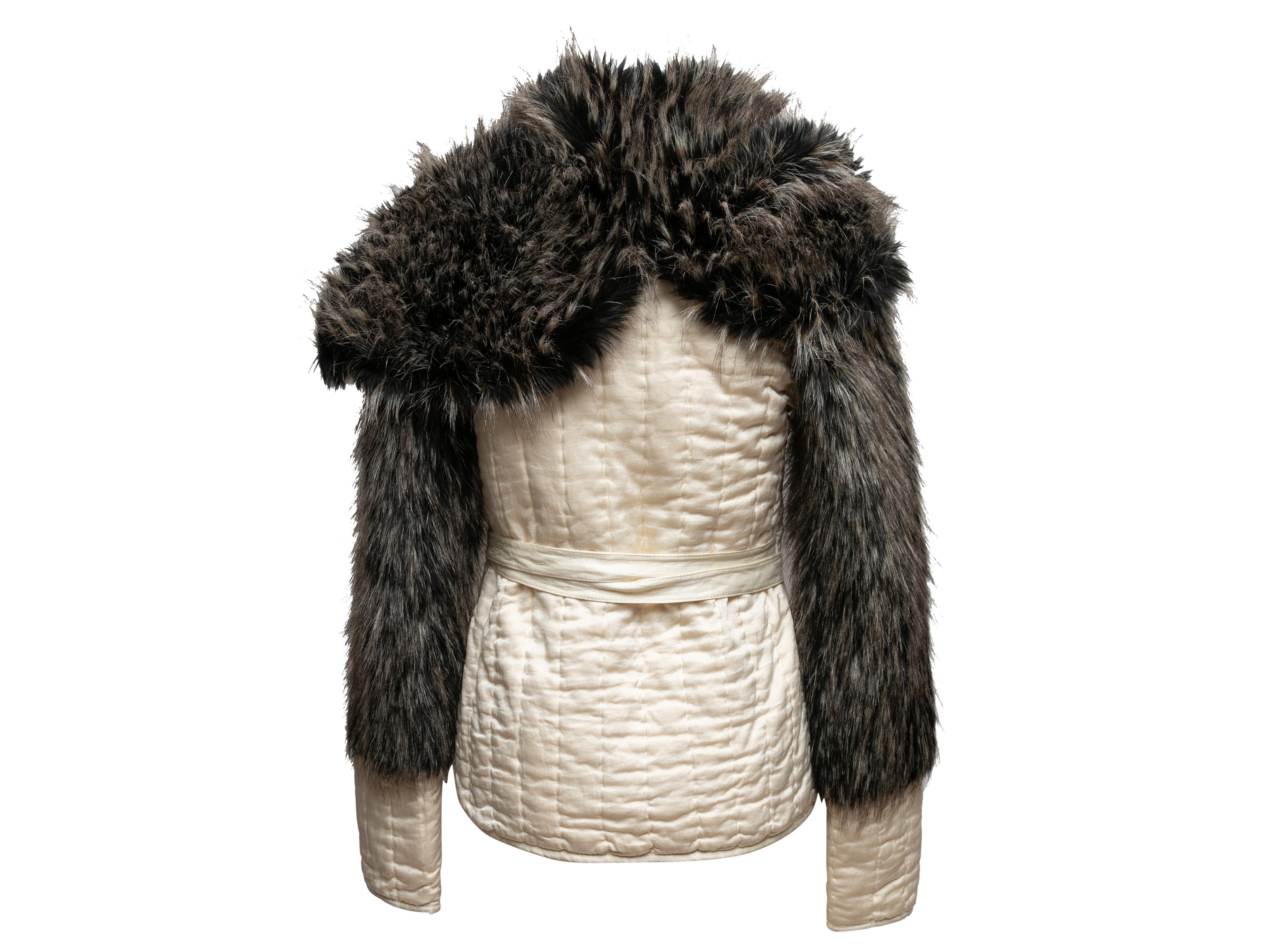 Vintage White & Charcoal Omo Norma Kamali Silk & Faux Fur Jacket Size US XS For Sale 4