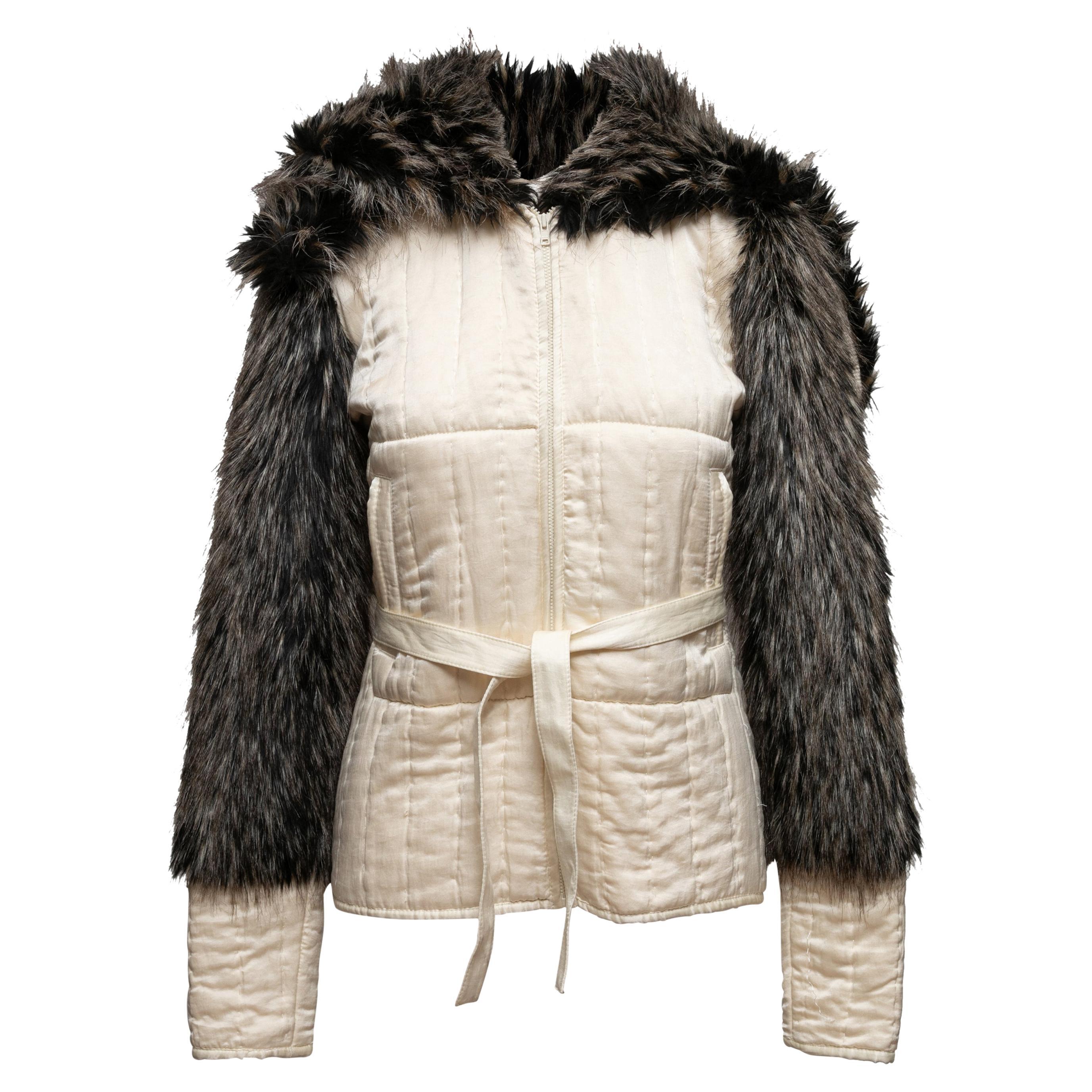 Vintage White & Charcoal Omo Norma Kamali Silk & Faux Fur Jacket Size US XS For Sale