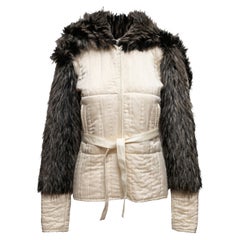 Used White & Charcoal Omo Norma Kamali Silk & Faux Fur Jacket Size US XS