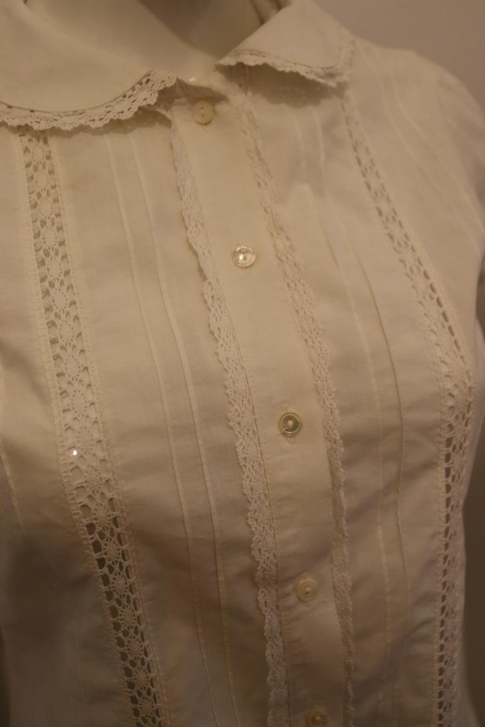 Women's Vintage White Cotton Blouse with Peter Pan Collar For Sale