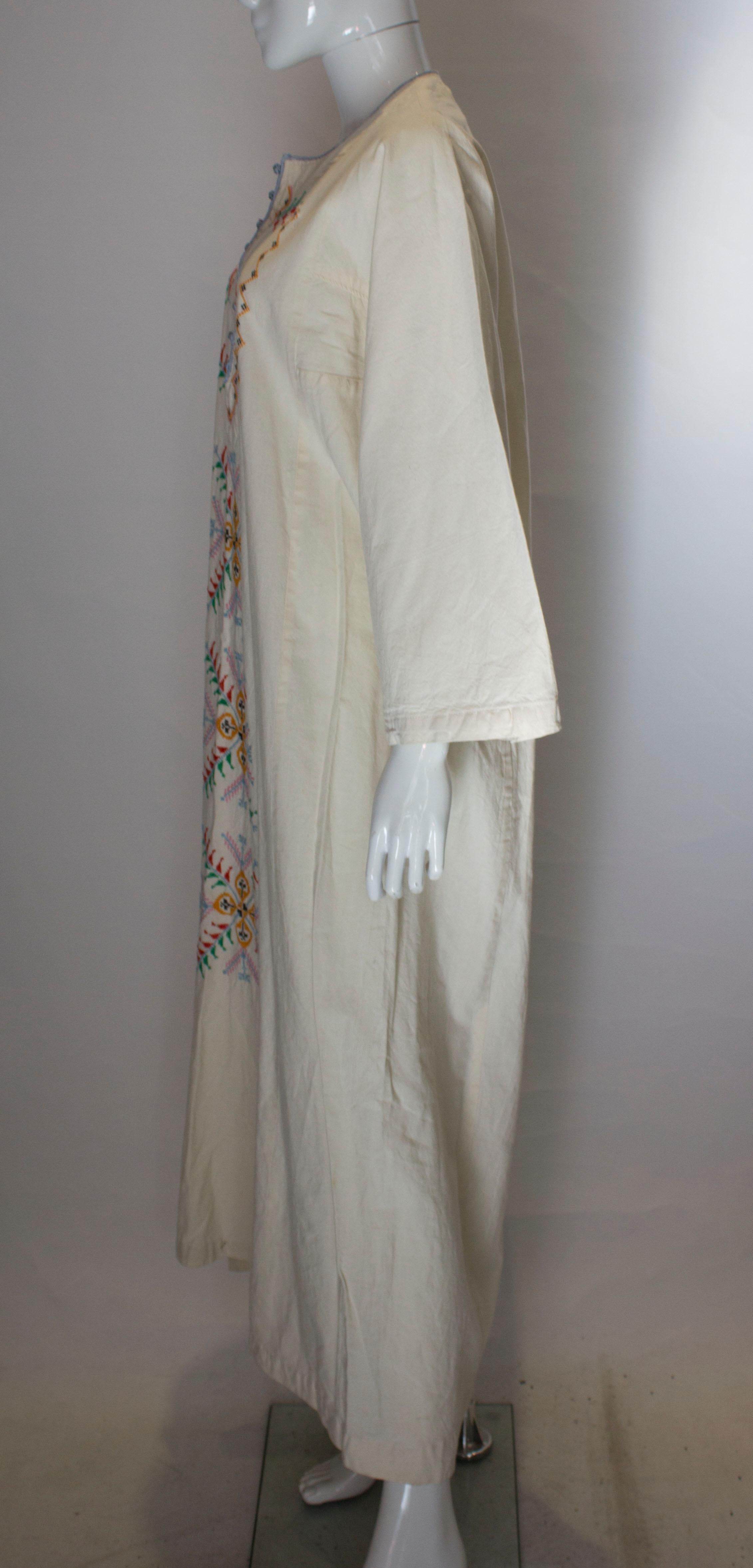 Gray Vintage White Cotton Dress with Colourful Embroidery  For Sale