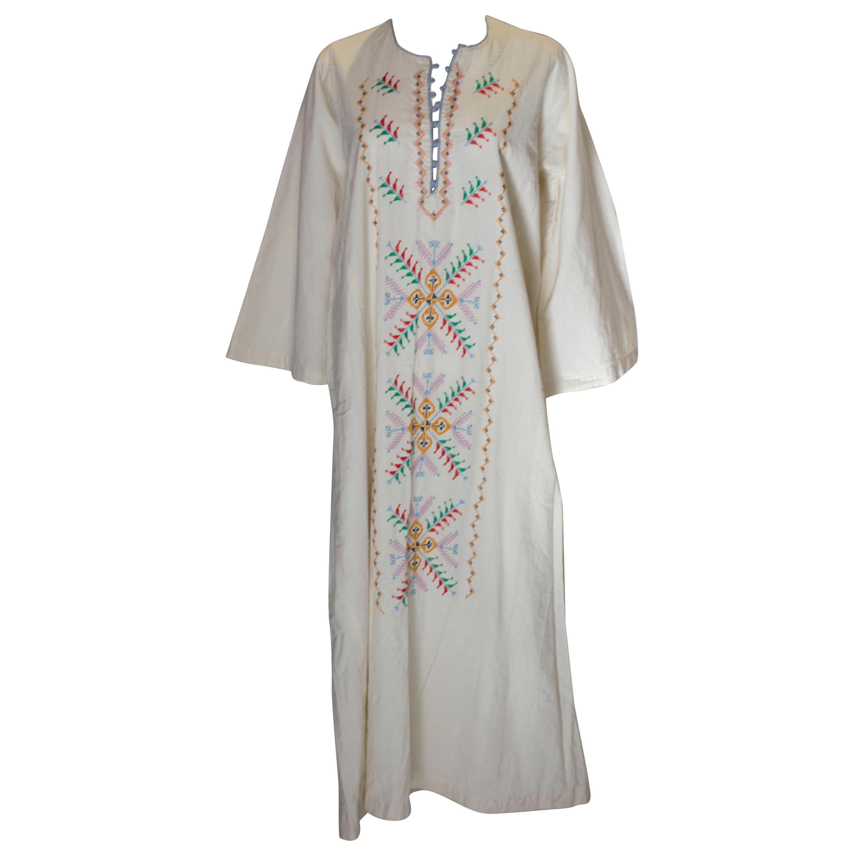 Vintage White Cotton Dress with Colourful Embroidery  For Sale