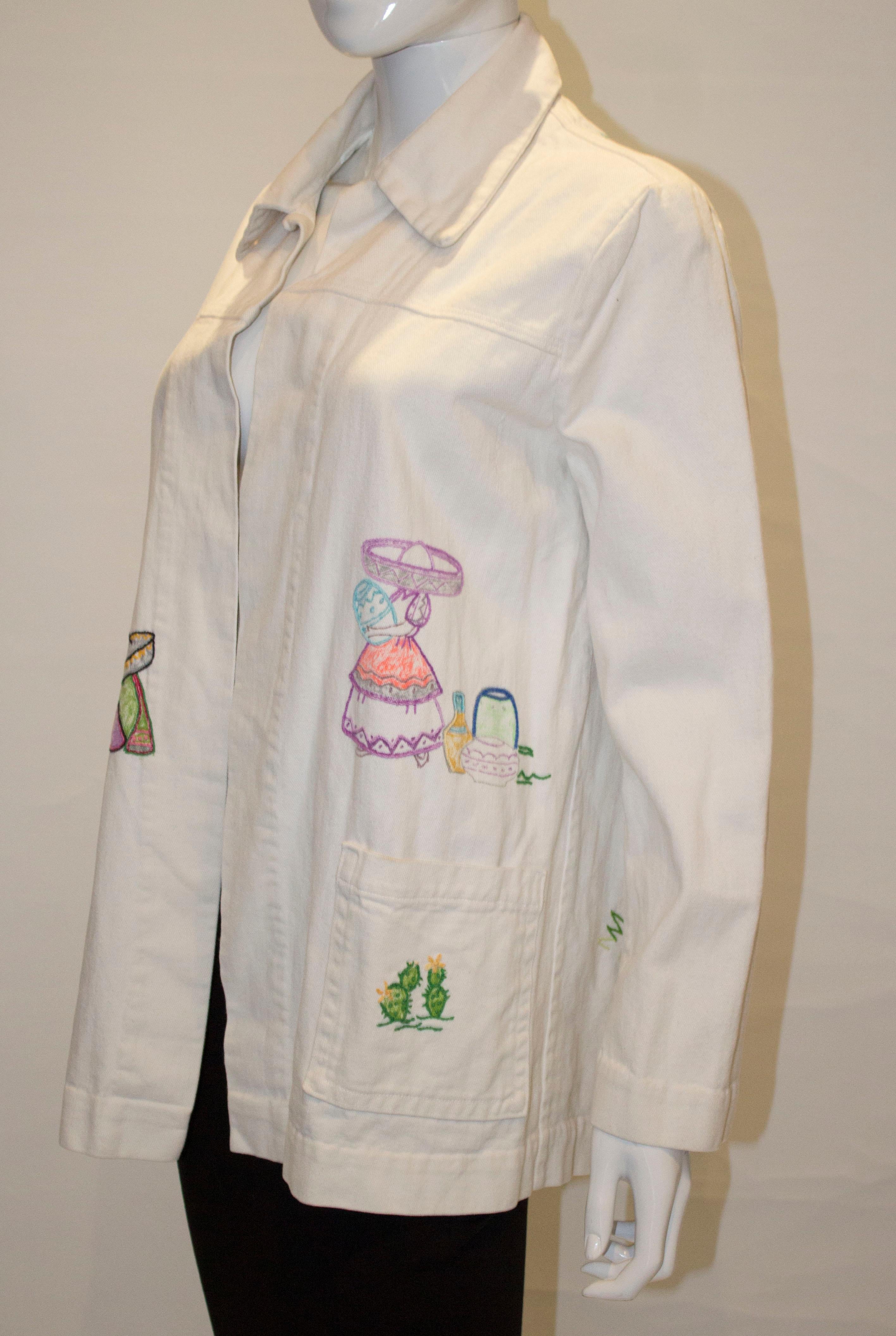 Vintage White Cotton Jacket with Embroidery Detail In Good Condition For Sale In London, GB