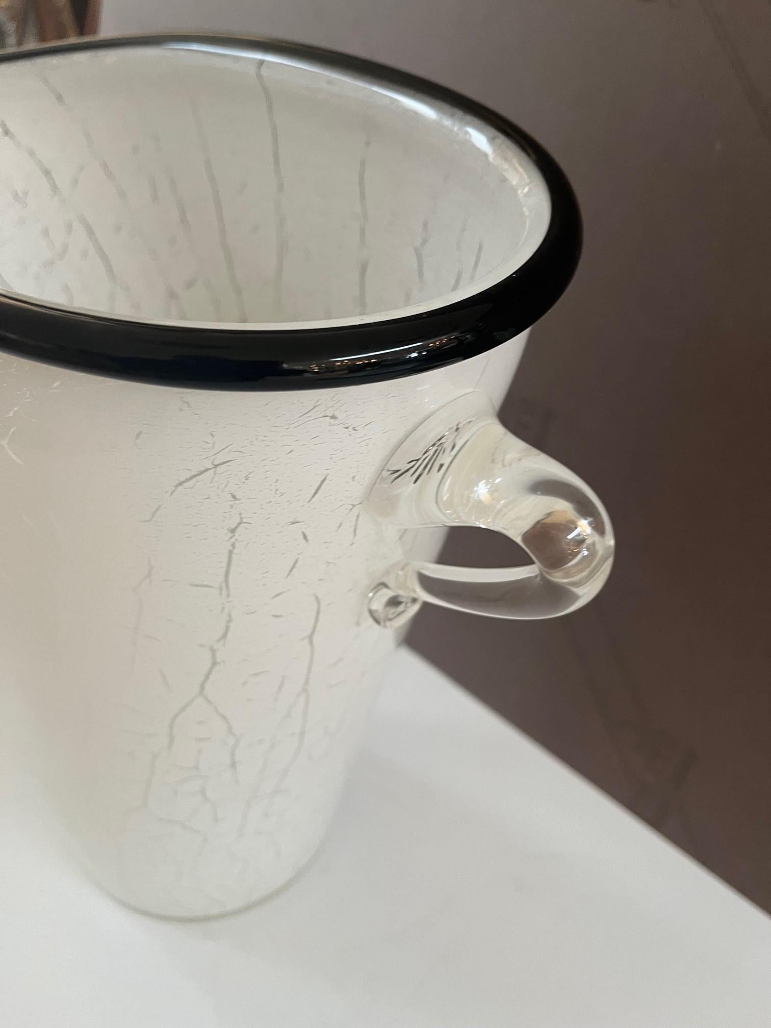 Carved Vintage White Crackle Finish Mirano Glass Vase For Sale