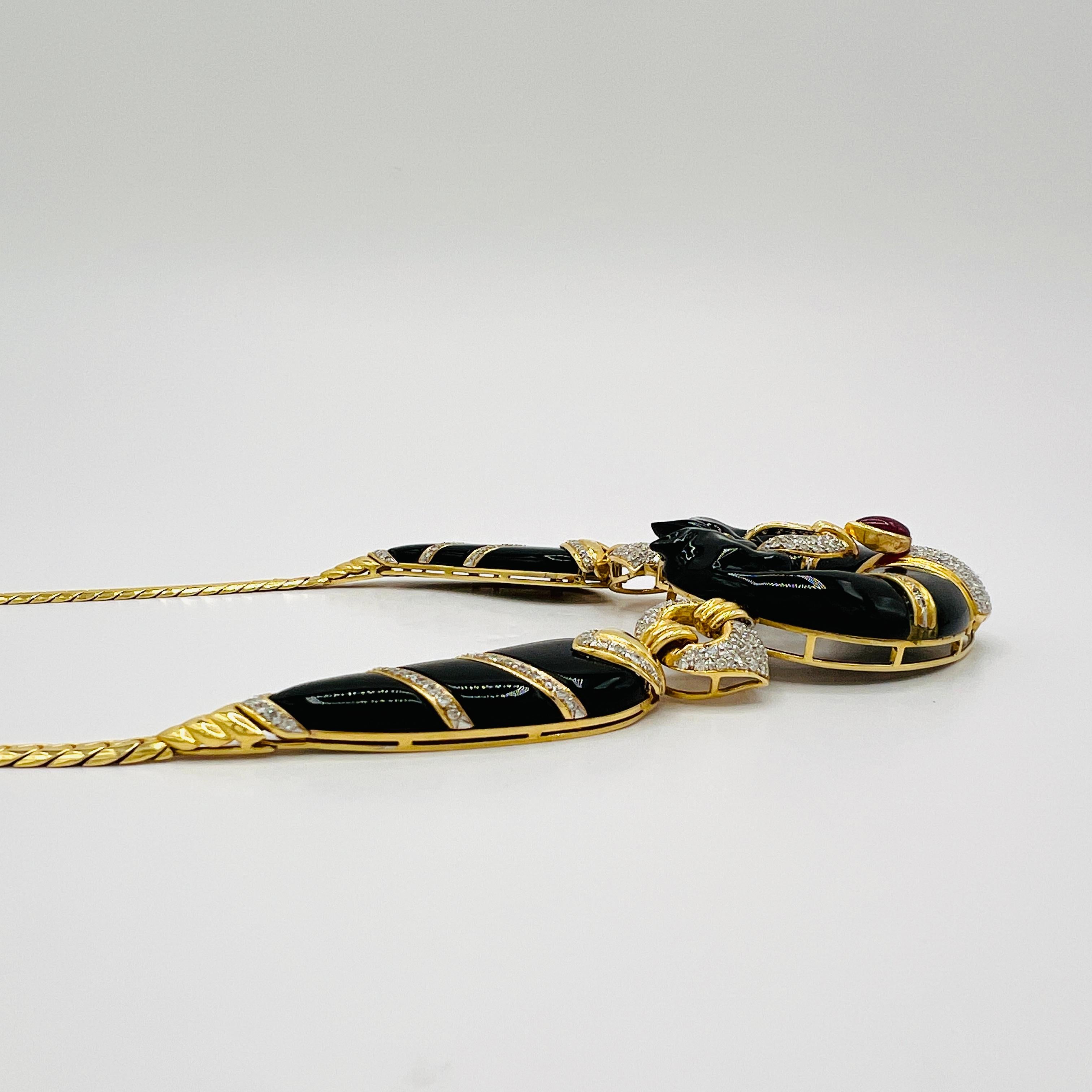 Vintage White Diamond and Onyx Panther Necklace in 18K Yellow Gold 2