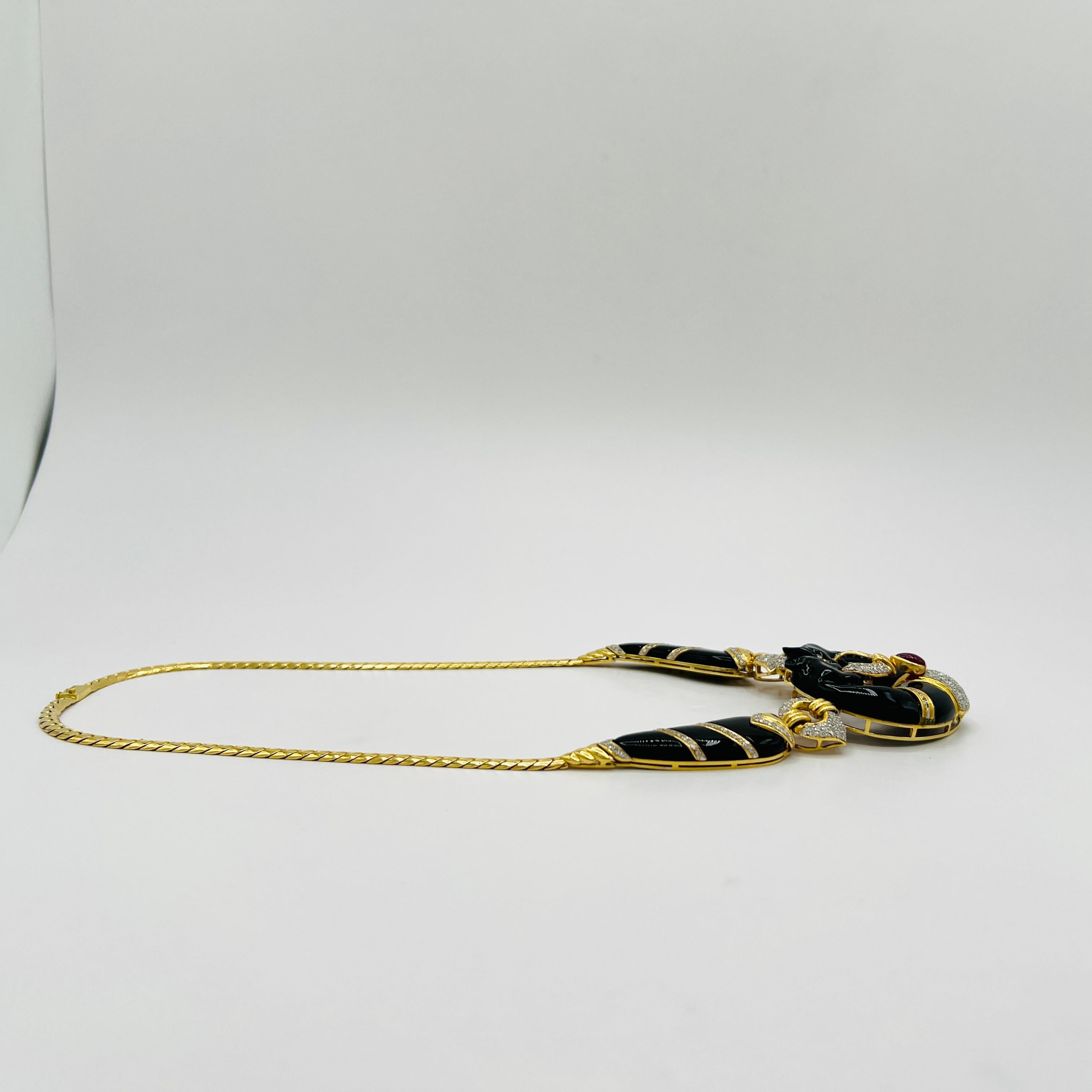 Vintage White Diamond and Onyx Panther Necklace in 18K Yellow Gold 3