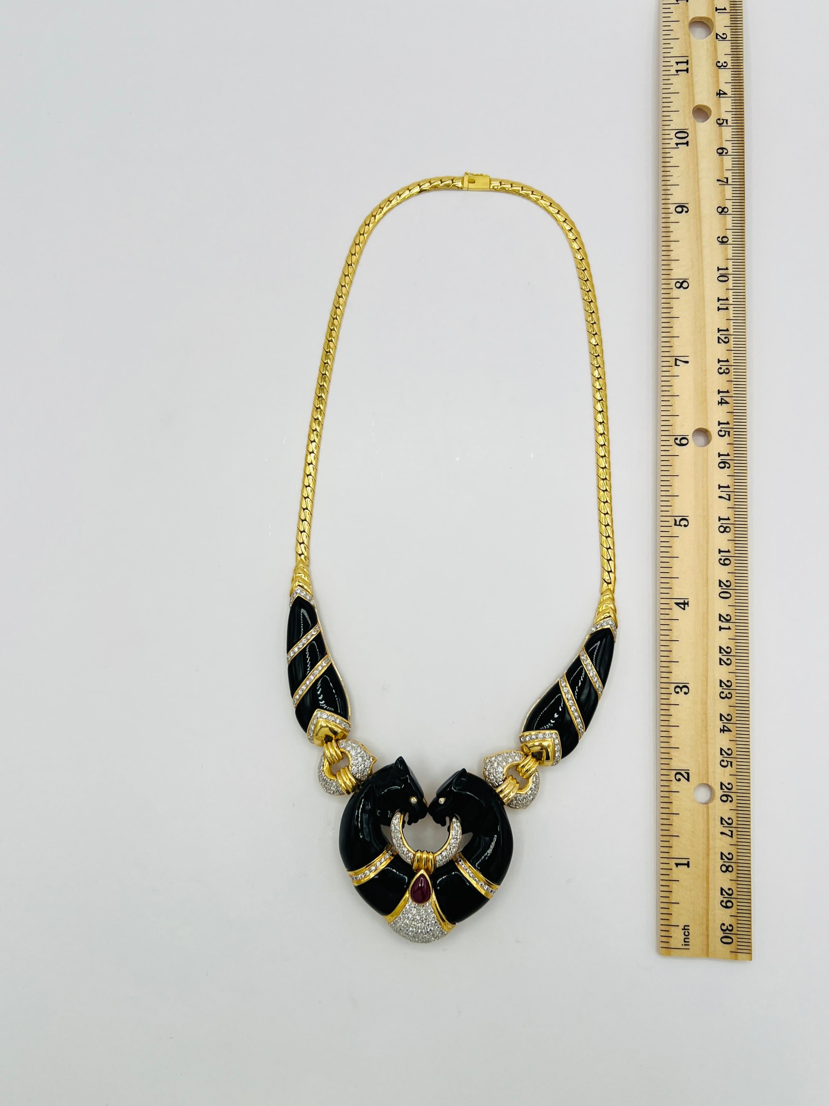 Vintage White Diamond and Onyx Panther Necklace in 18K Yellow Gold 4