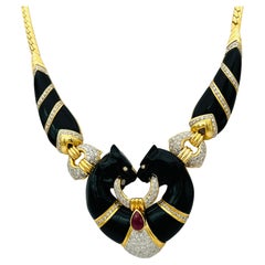 Vintage White Diamond and Onyx Panther Necklace in 18K Yellow Gold