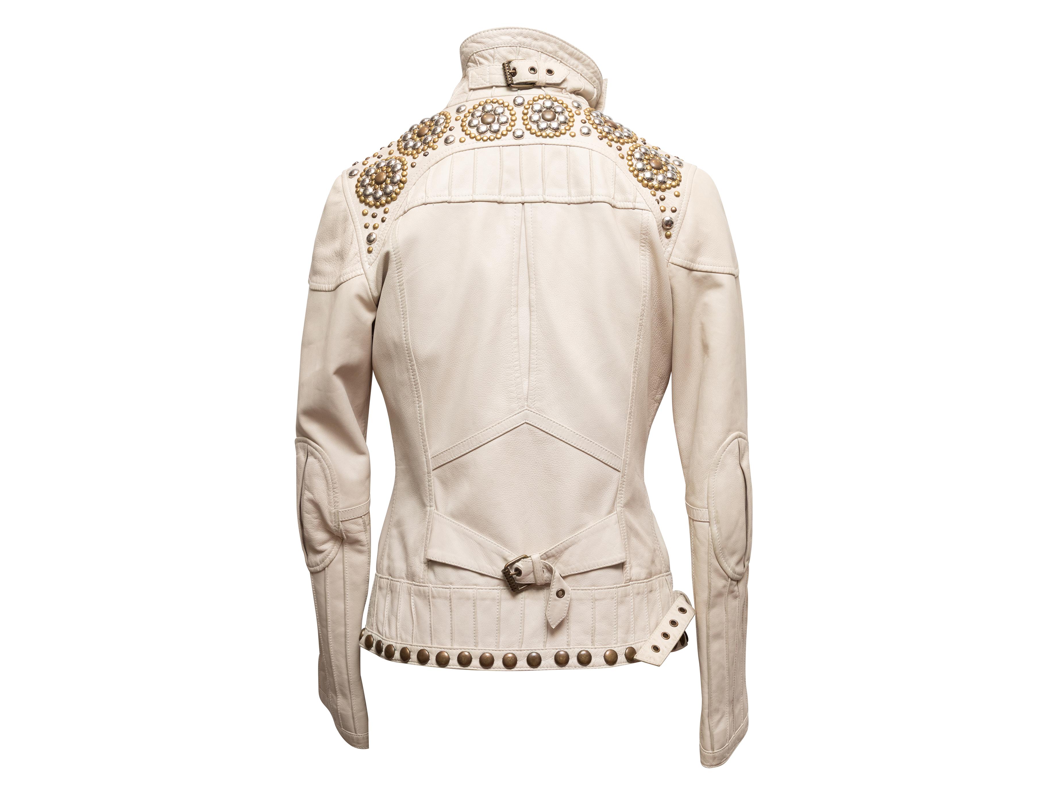 Vintage White Diesel 2000s verschönert Leder Moto Jacke Größe US M (Weiß) im Angebot