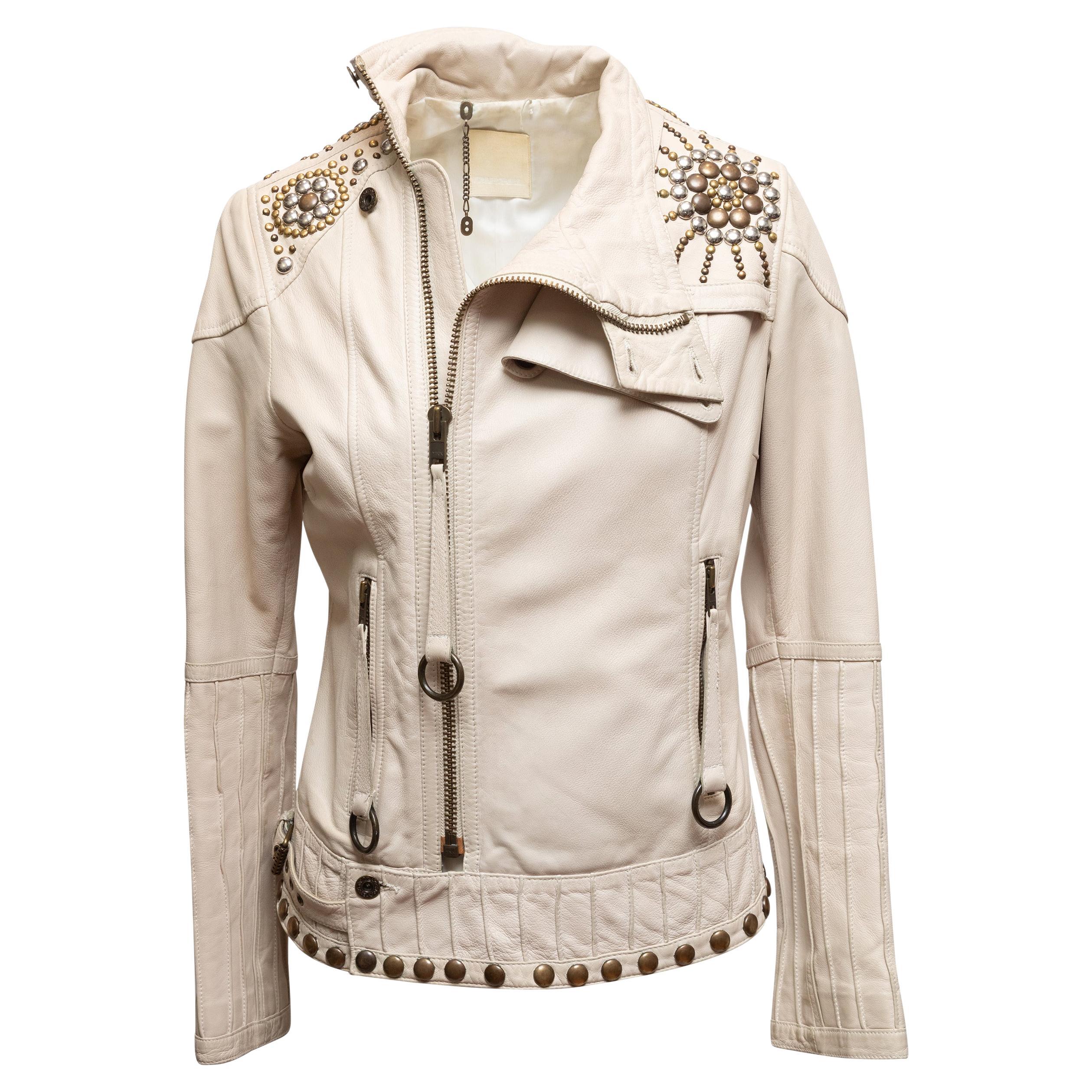 Vintage White Diesel 2000s verschönert Leder Moto Jacke Größe US M im Angebot