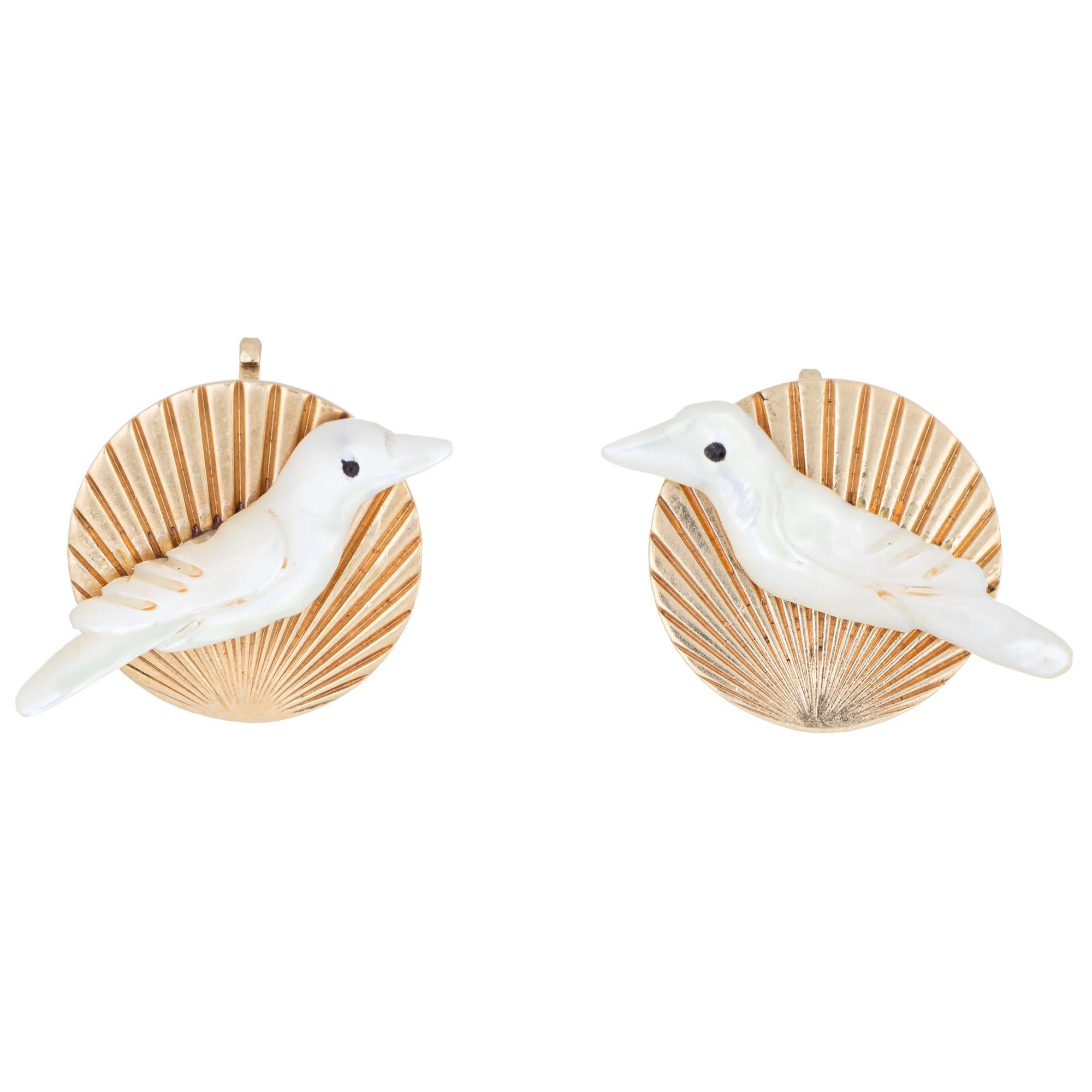 Vintage White Dove Earrings MOP Round Clip 14 Karat Gold Estate Fine Jewelry
