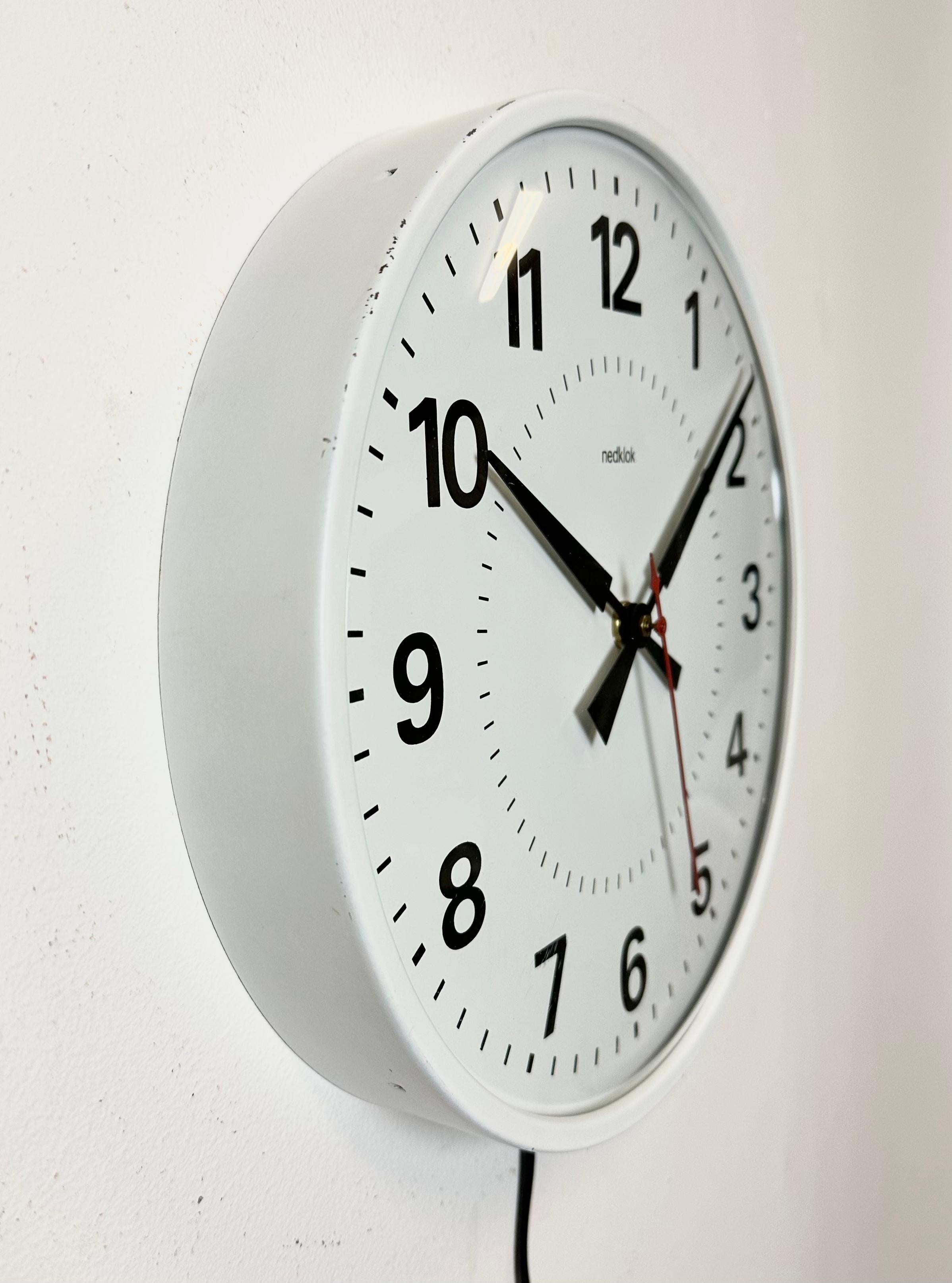 Industrial Vintage White Electric Station Wall Clock from Nedklok, 1970s For Sale