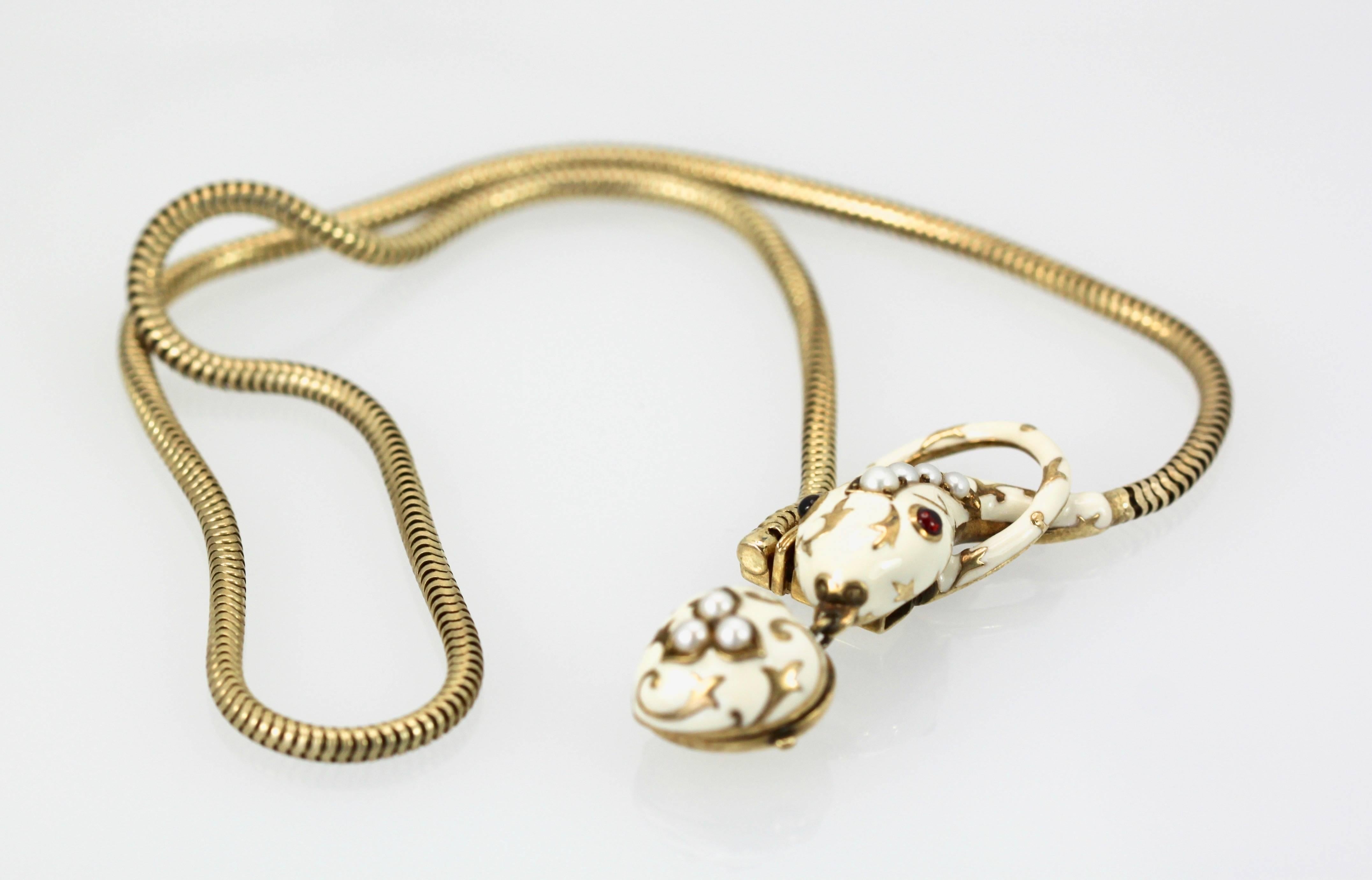 Victorian Vintage White Enamel 18 Karat Garnet Pearl Snake Necklace, circa 1960