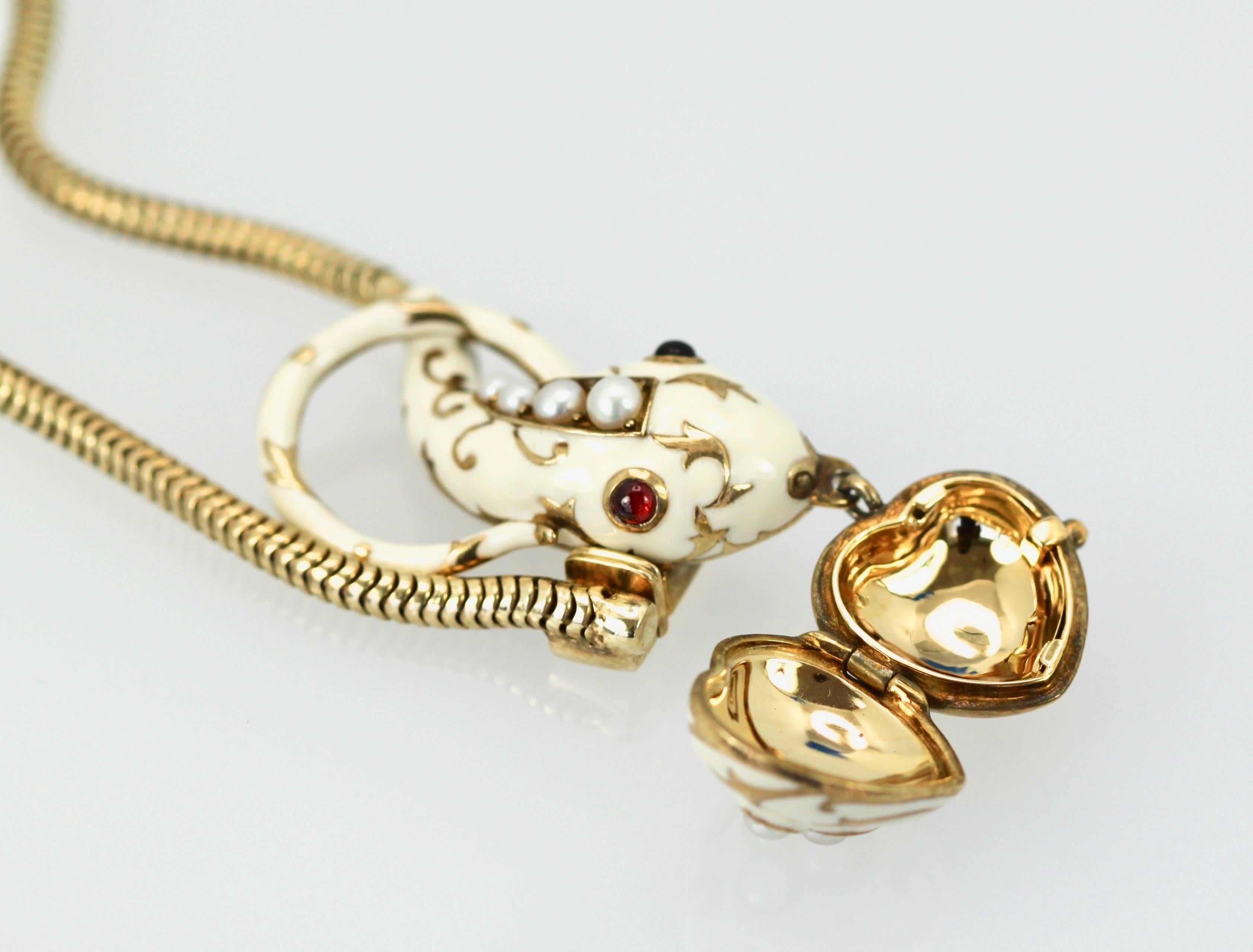 Vintage White Enamel 18 Karat Garnet Pearl Snake Necklace, circa 1960 In Good Condition In North Hollywood, CA