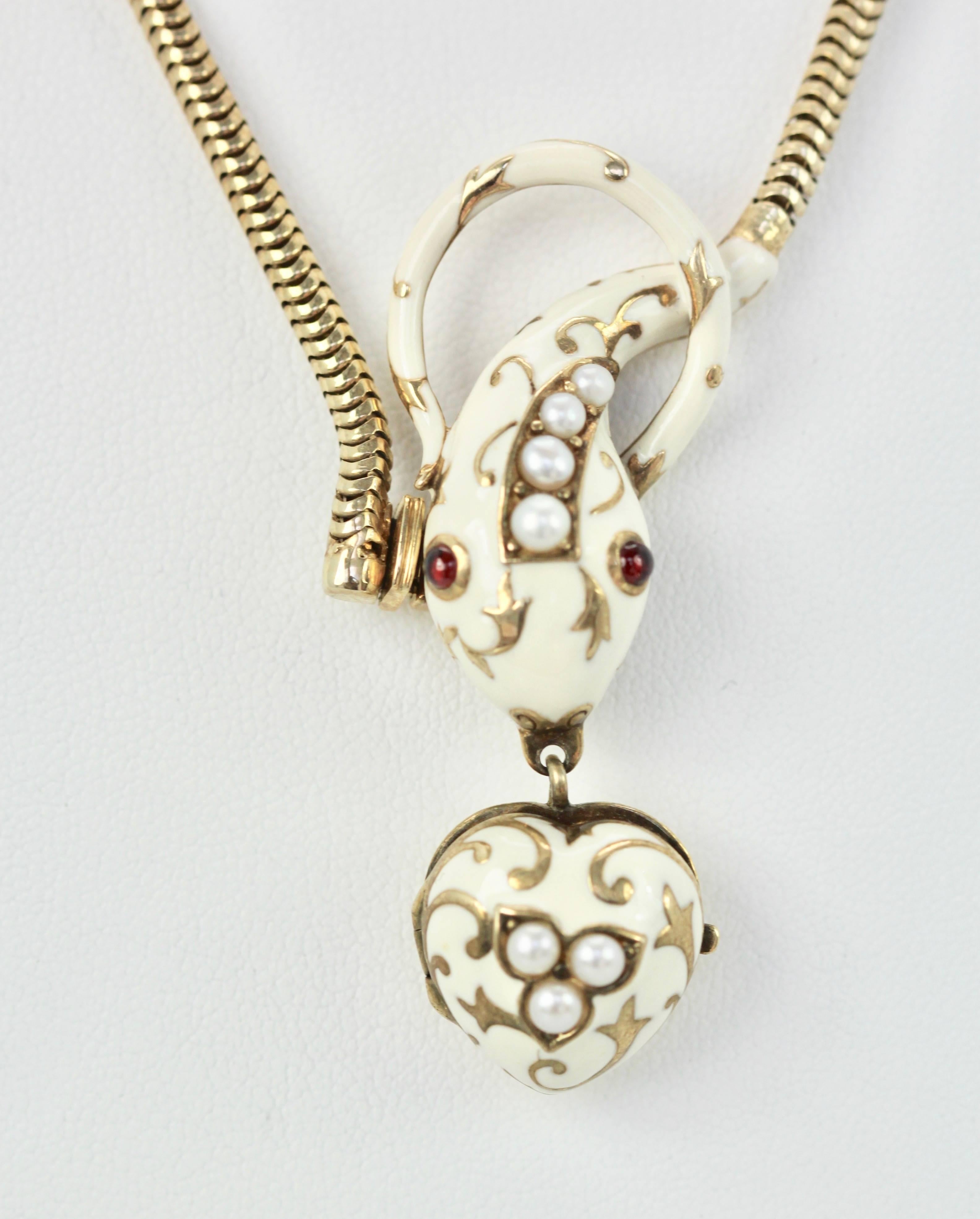 Vintage White Enamel 18 Karat Garnet Pearl Snake Necklace, circa 1960 3