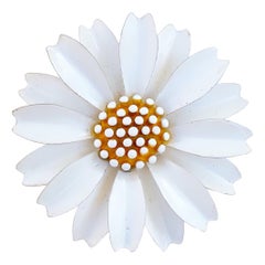 Retro White Enamel Daisy Flower Figural Brooch By Crown Trifari, 1960s