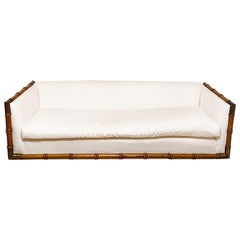 Retro White Ethan Allen Sofa with Bench Cushion and Bamboo and Brass Detail