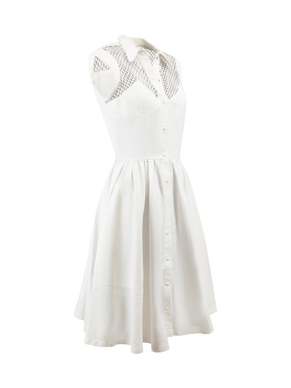 CONDITION is Very good. Minimal wear to dress is evident. Some stains to the front part of the skirt and missing belt buckle in belt on this used Thierry Mugler designer resale item. 



Details


White

Cotton

Sleeveless dress

Collared

See
