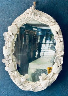 Vintage White Floral & Bird Relief Oval Wall Mirror