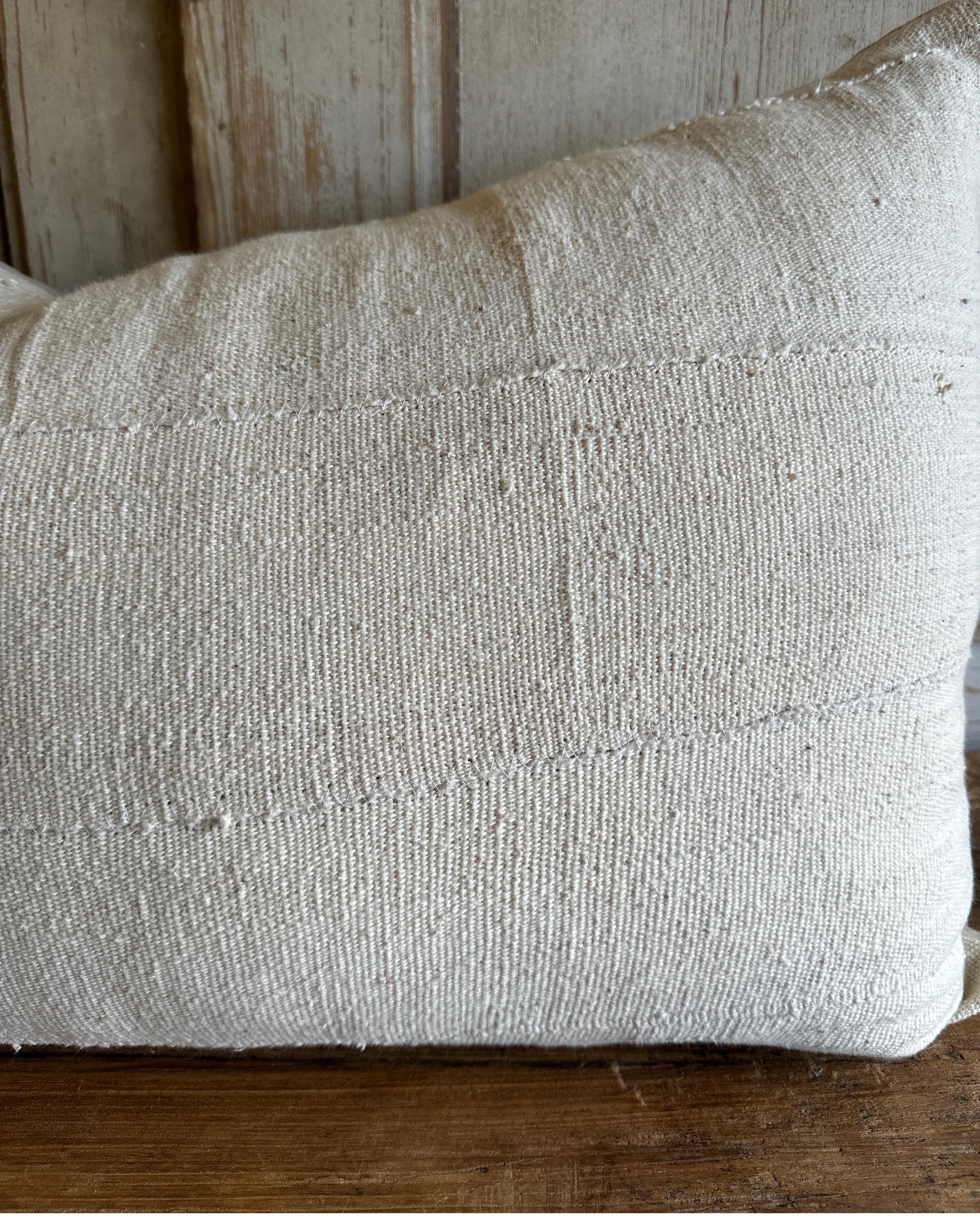 Contemporary Vintage White French Linen Accent Large Lumbar Pillow with Insert For Sale