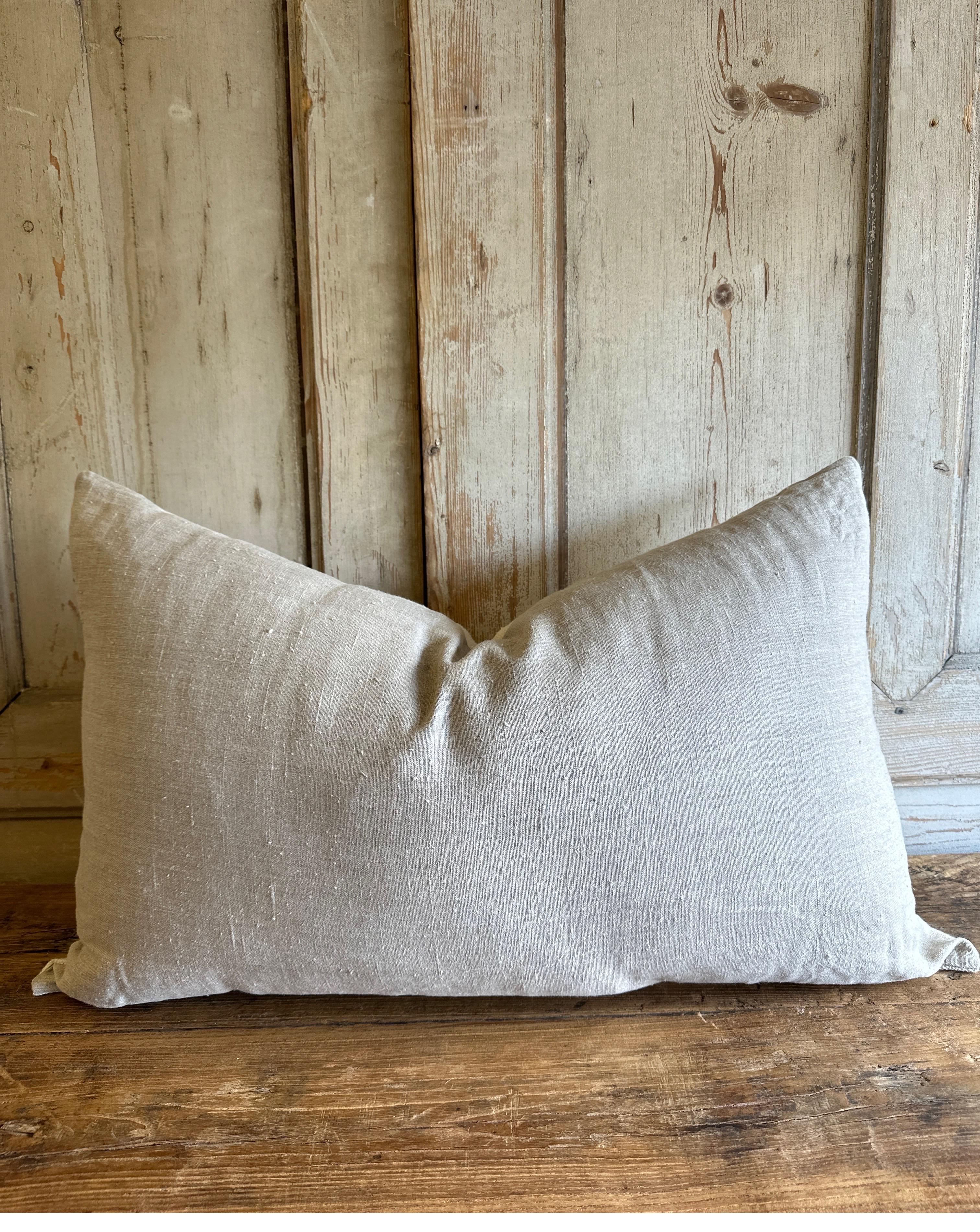 Vintage White French Linen Accent Large Lumbar Pillow with Insert For Sale 2