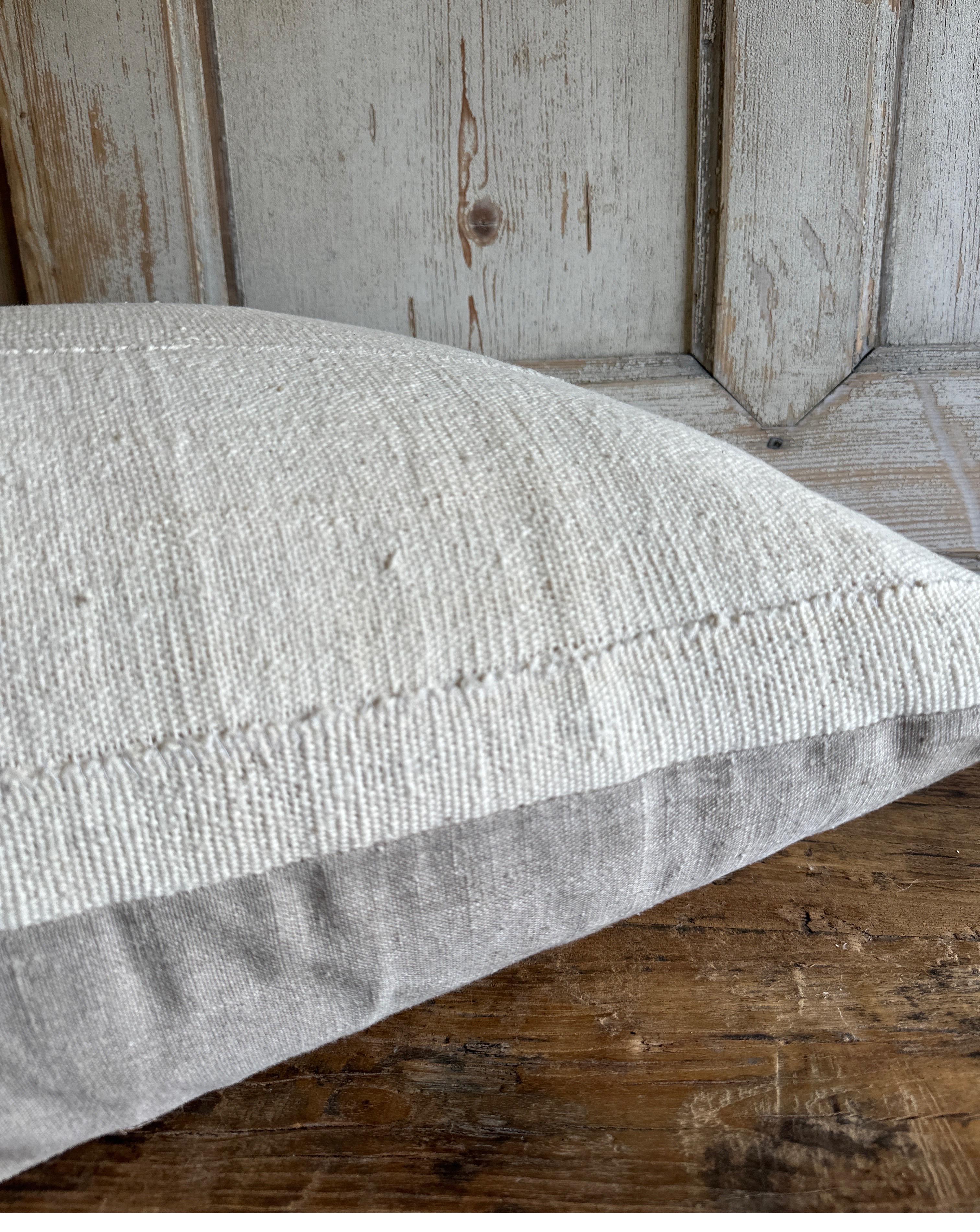 Vintage White French Linen Accent Large Lumbar Pillow with Insert For Sale 3