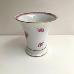 Vintage White Gilding Vase with Pink Flower Pattern by Herend, 1970s