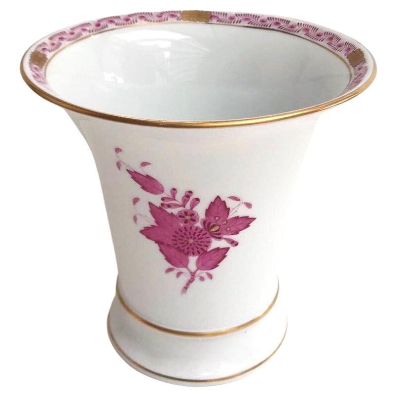 Vintage White Gilding Vase with Pink Flower Pattern by Herend, 1970s For Sale