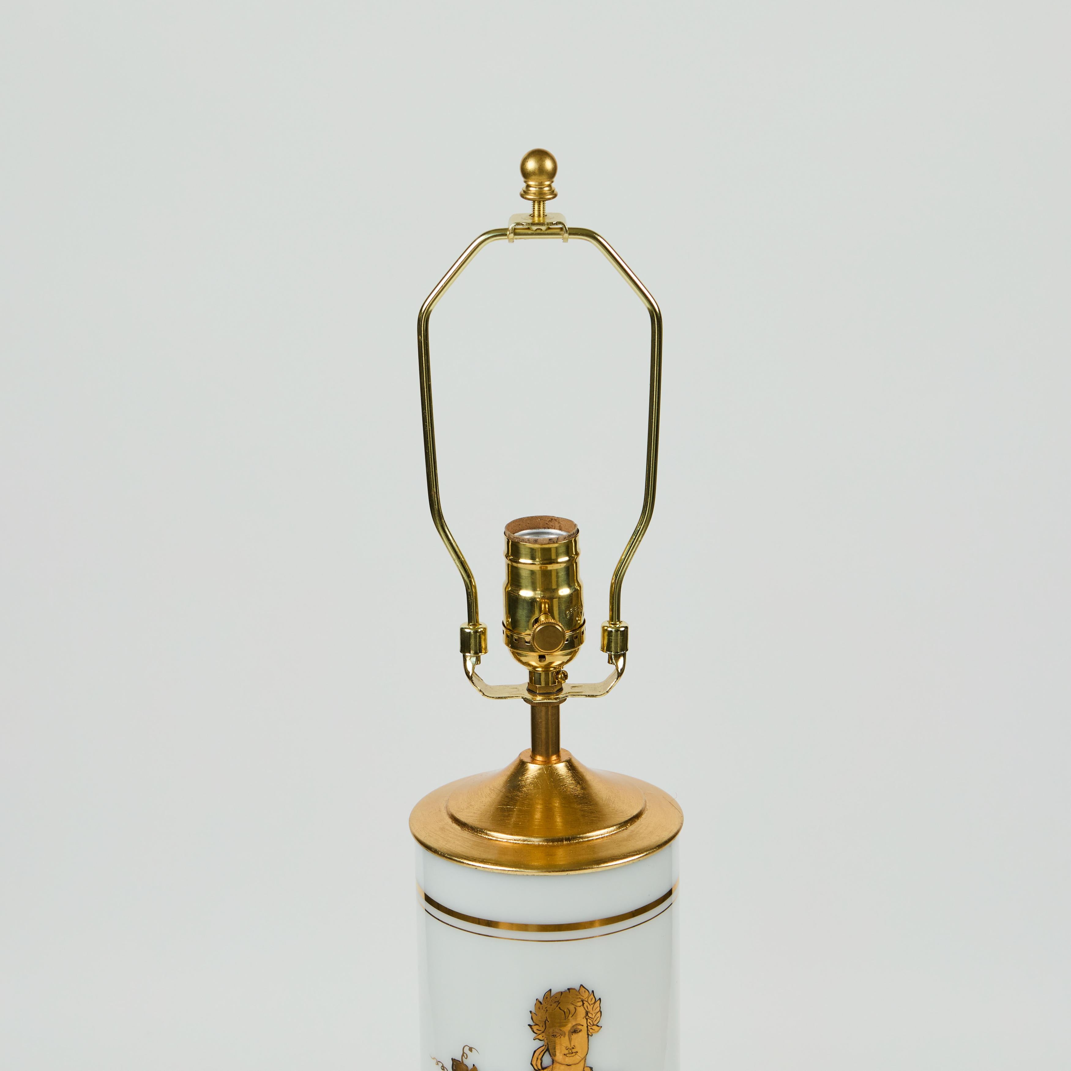 Vintage White Glass Cylinder Lamp with Gold Greek Figure For Sale 4