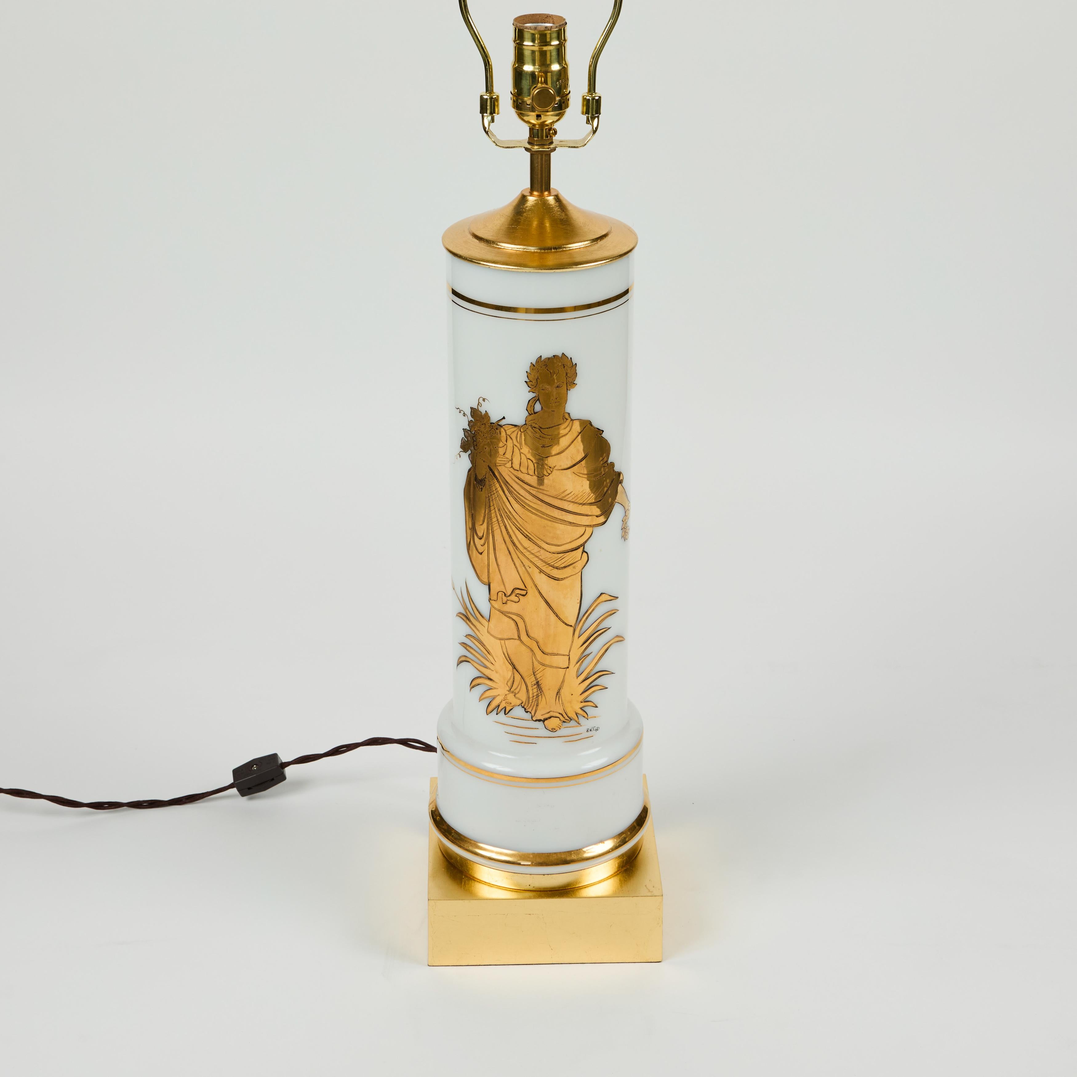 Vintage White Glass Cylinder Lamp with Gold Greek Figure For Sale 5