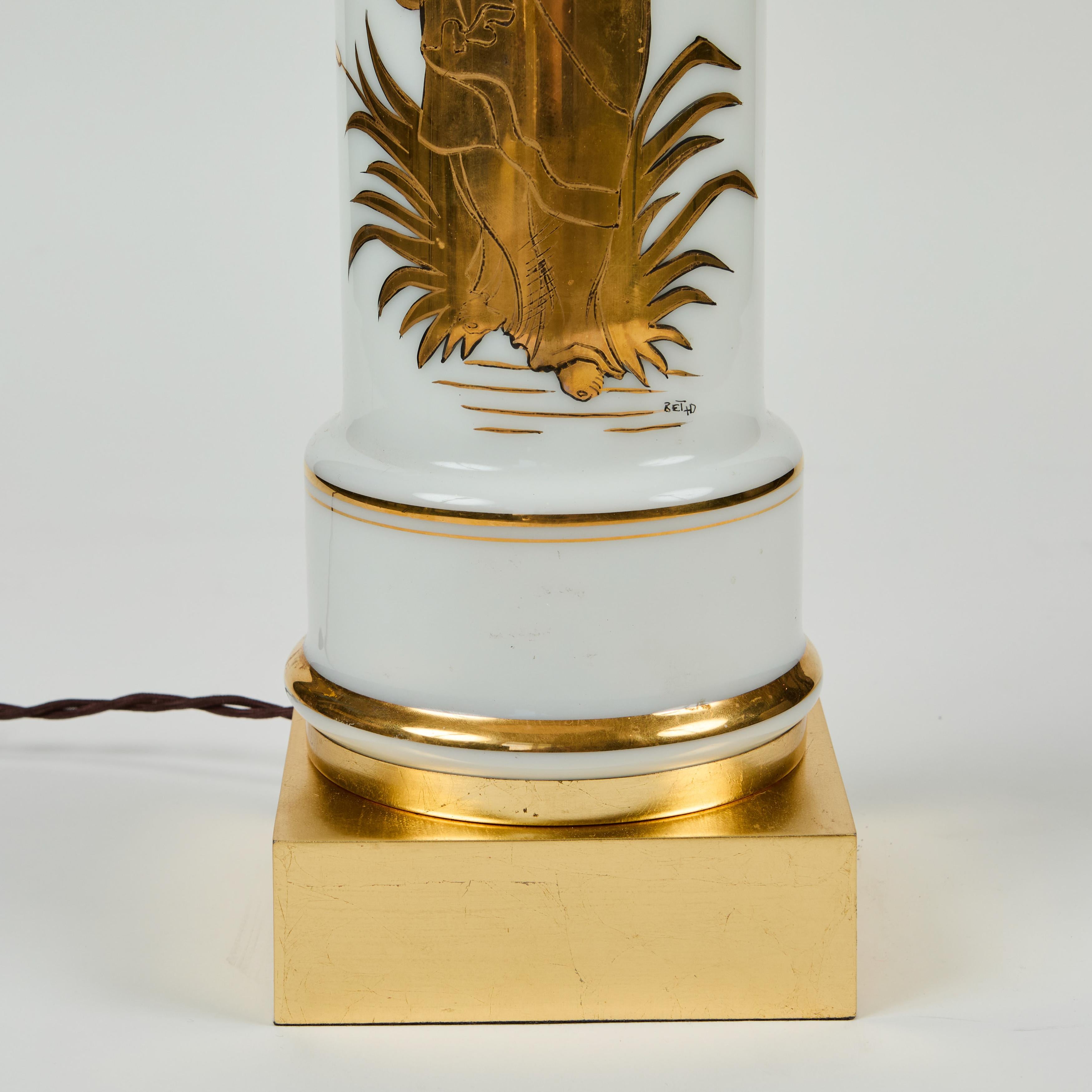 Classical Greek Vintage White Glass Cylinder Lamp with Gold Greek Figure For Sale