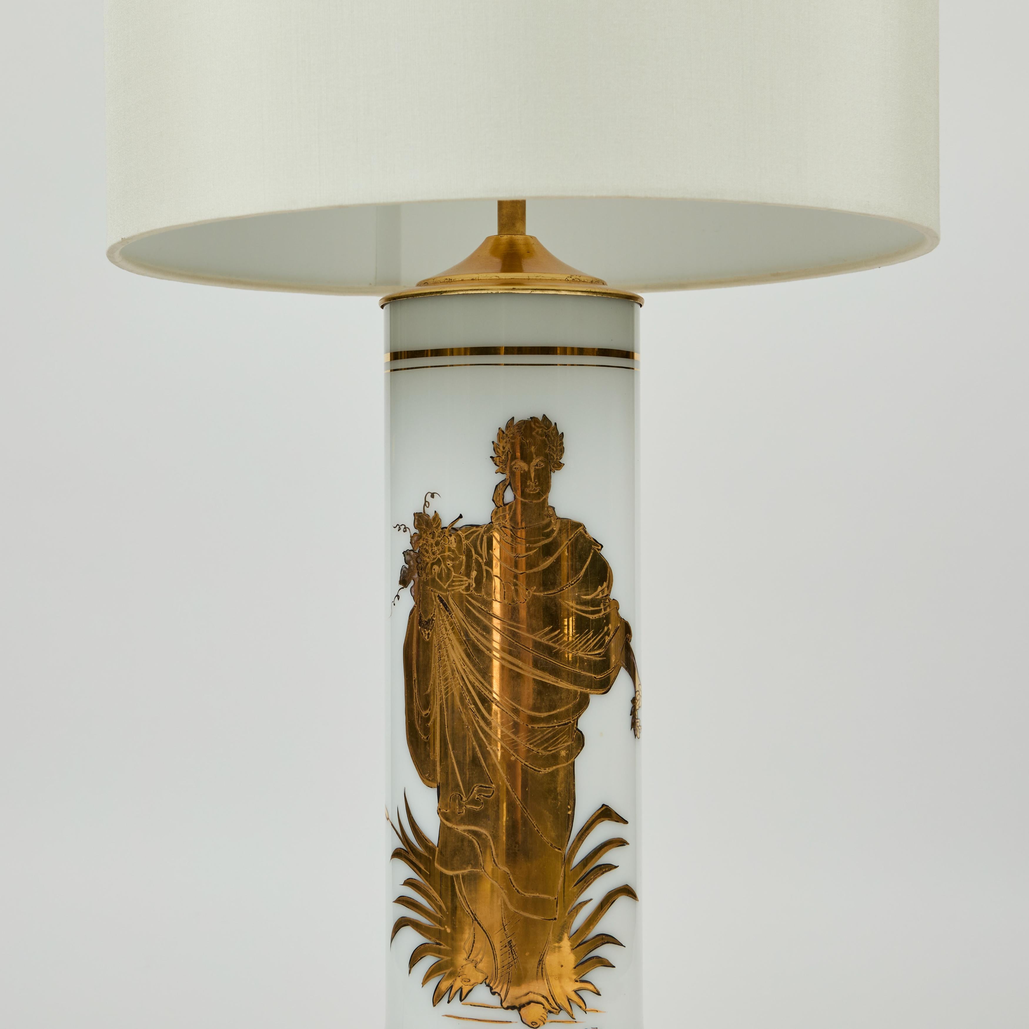 Unknown Vintage White Glass Cylinder Lamp with Gold Greek Figure For Sale