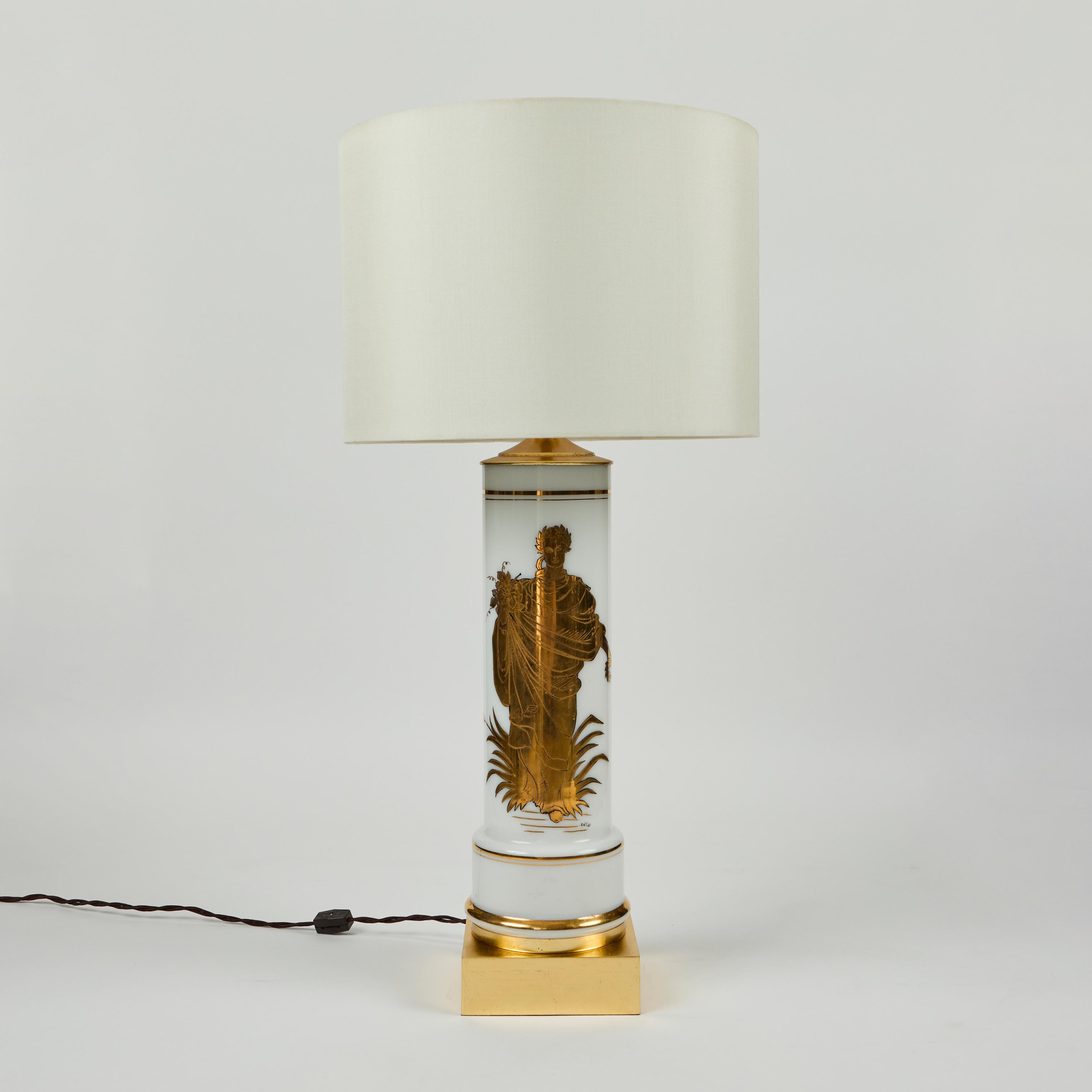 Vintage White Glass Cylinder Lamp with Gold Greek Figure In Excellent Condition For Sale In Pasadena, CA