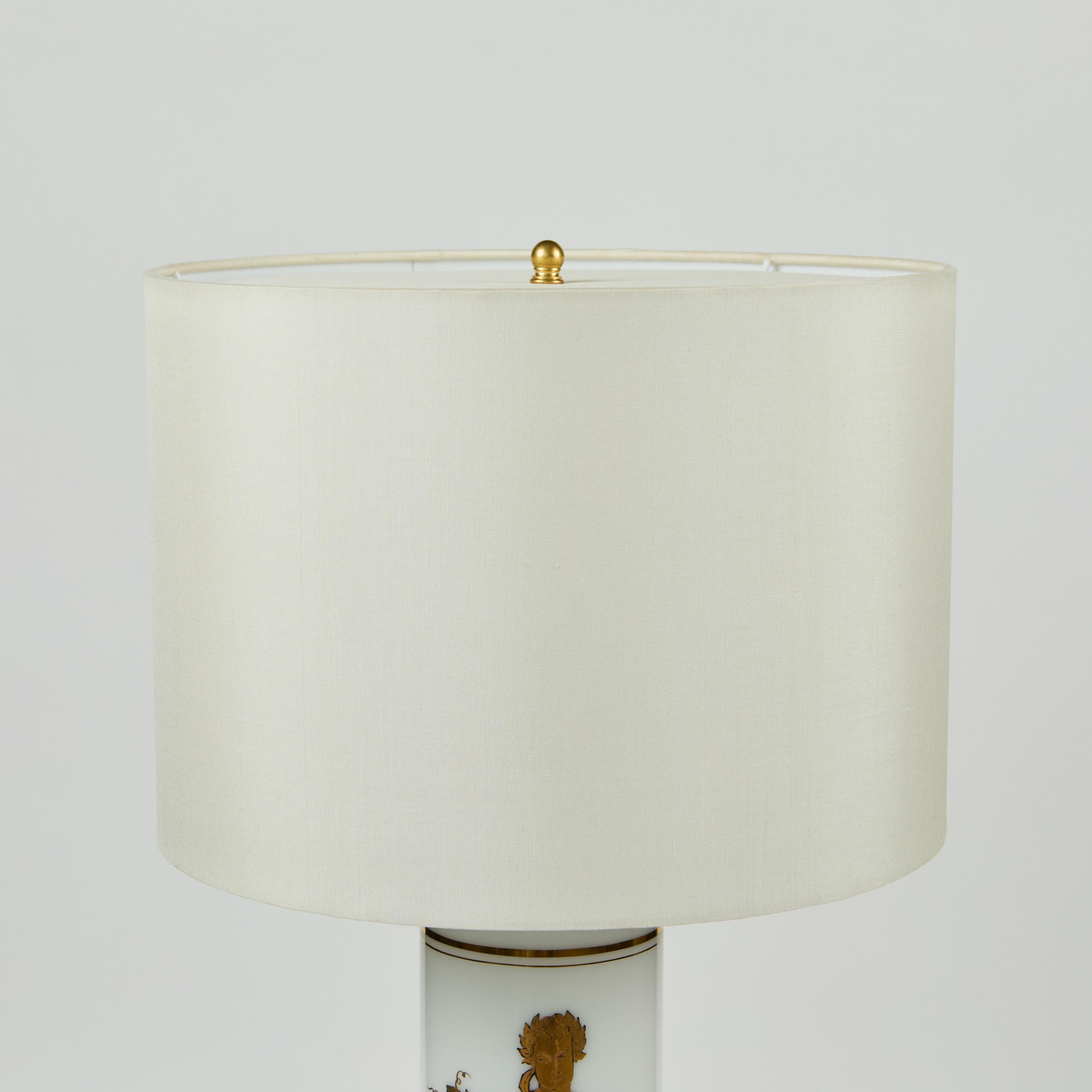 20th Century Vintage White Glass Cylinder Lamp with Gold Greek Figure For Sale