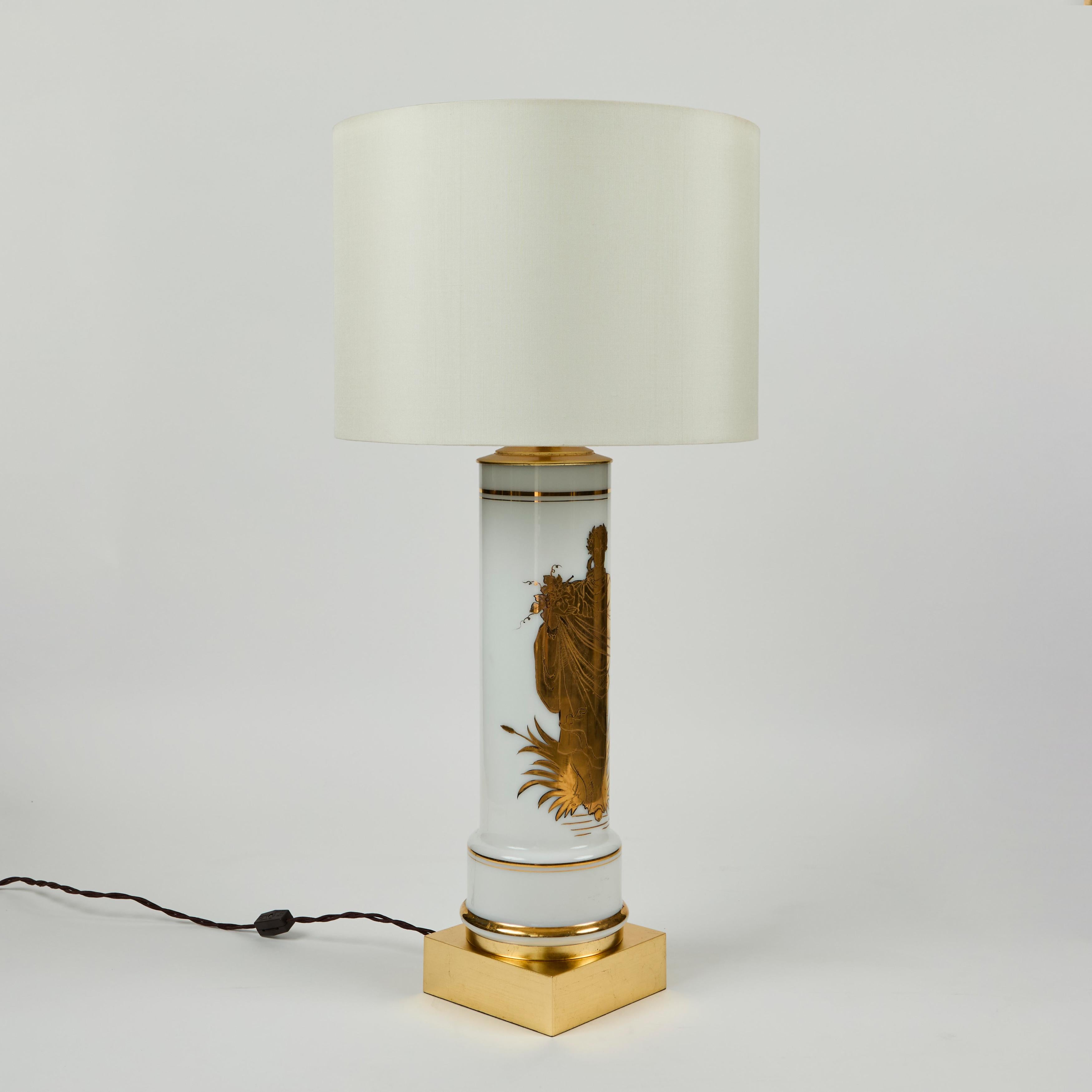 Vintage White Glass Cylinder Lamp with Gold Greek Figure For Sale 1