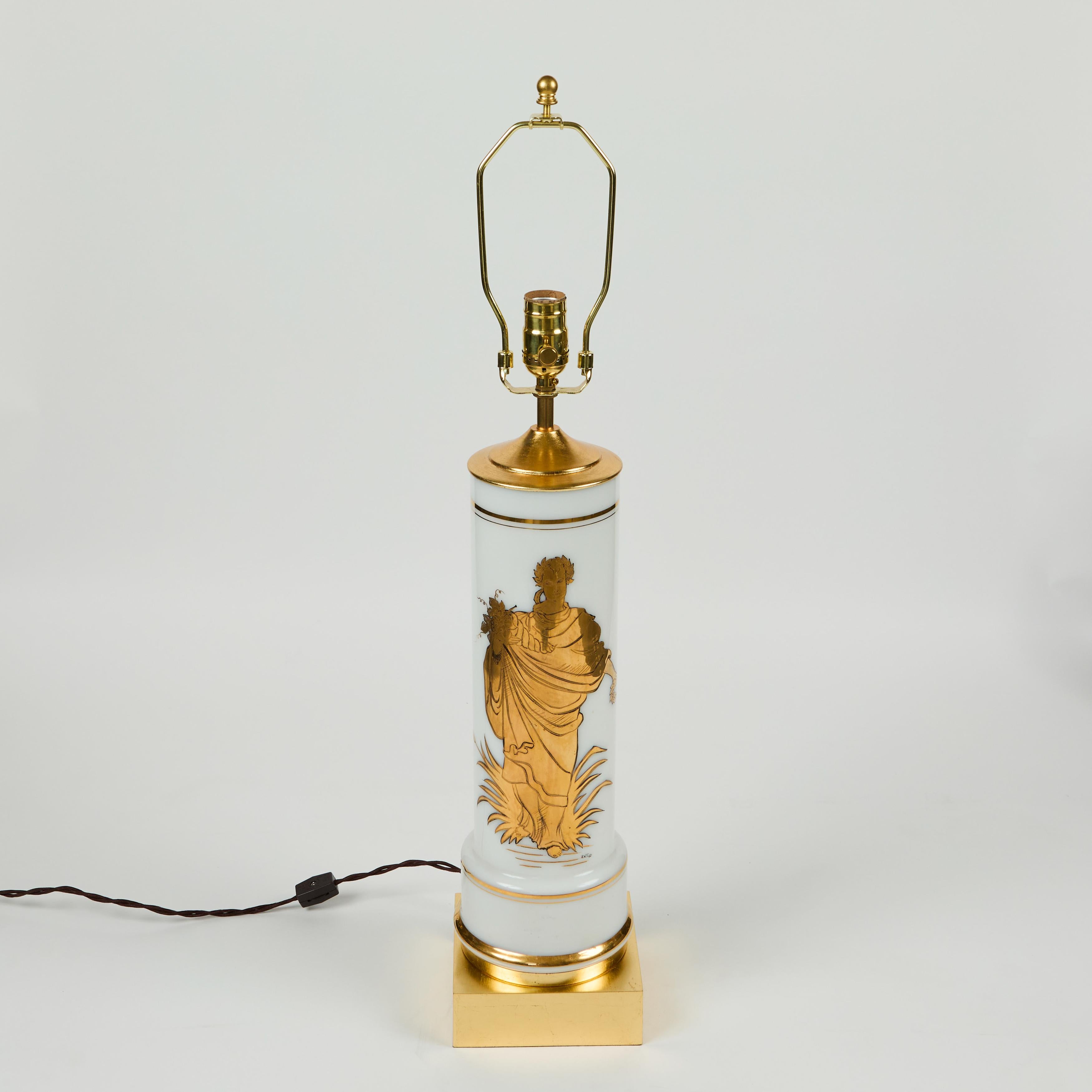 Vintage White Glass Cylinder Lamp with Gold Greek Figure For Sale 3
