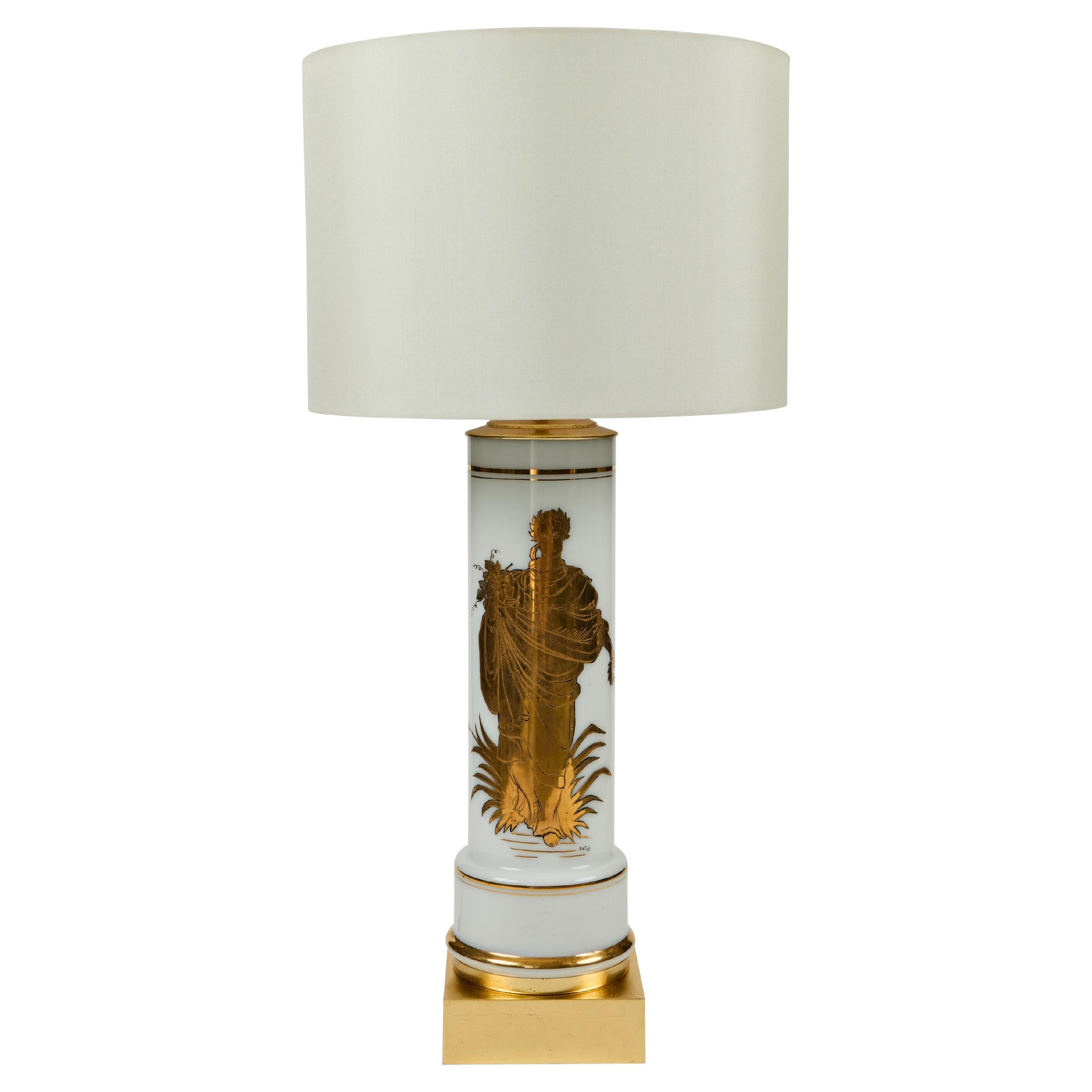 Vintage White Glass Cylinder Lamp with Gold Greek Figure For Sale