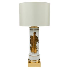 Vintage White Glass Cylinder Lamp with Gold Greek Figure