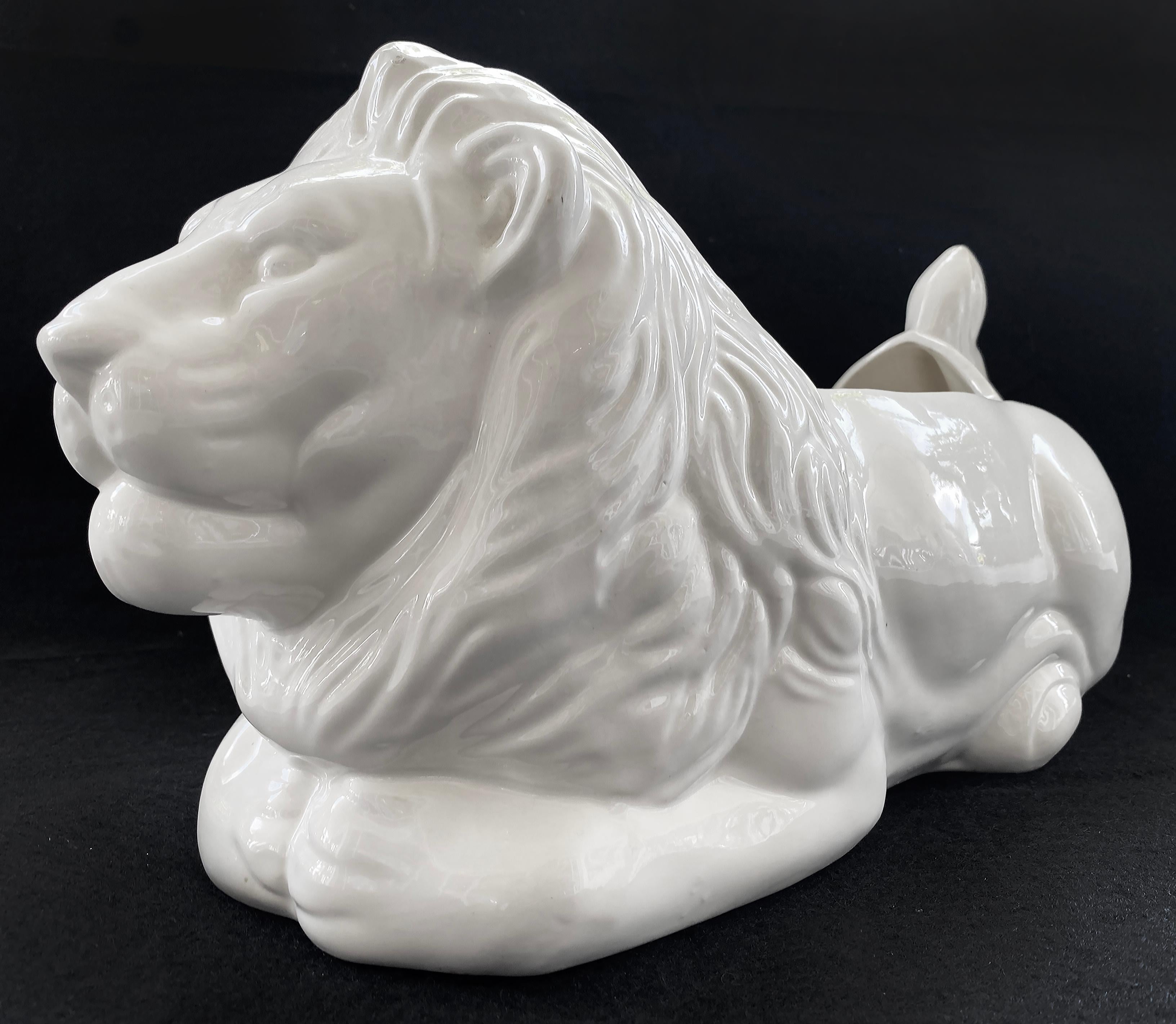 American Vintage White Glazed Ceramic  Resting Lion Planter For Sale