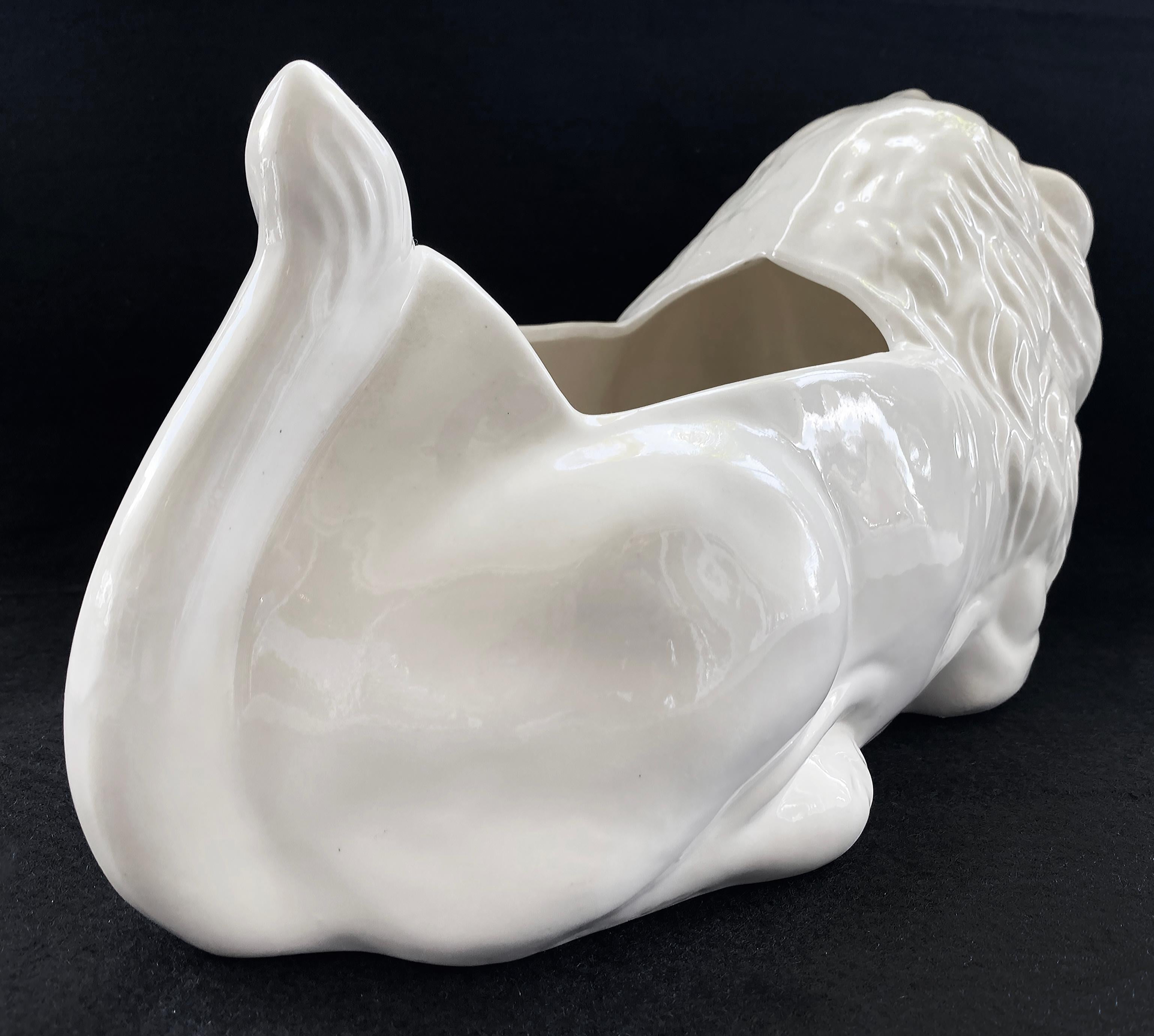 Vintage White Glazed Ceramic  Resting Lion Planter For Sale 2