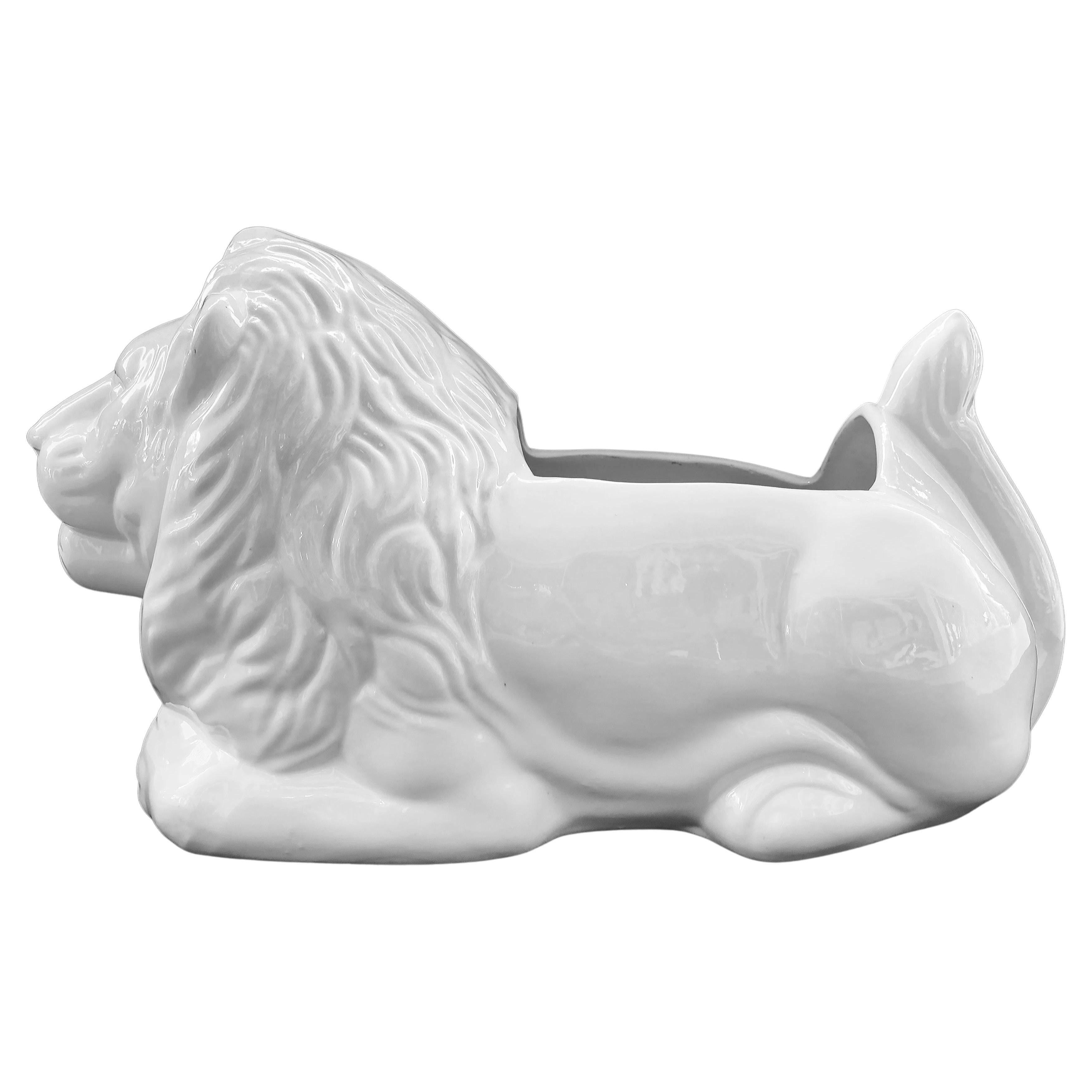 Vintage White Glazed Ceramic  Resting Lion Planter For Sale